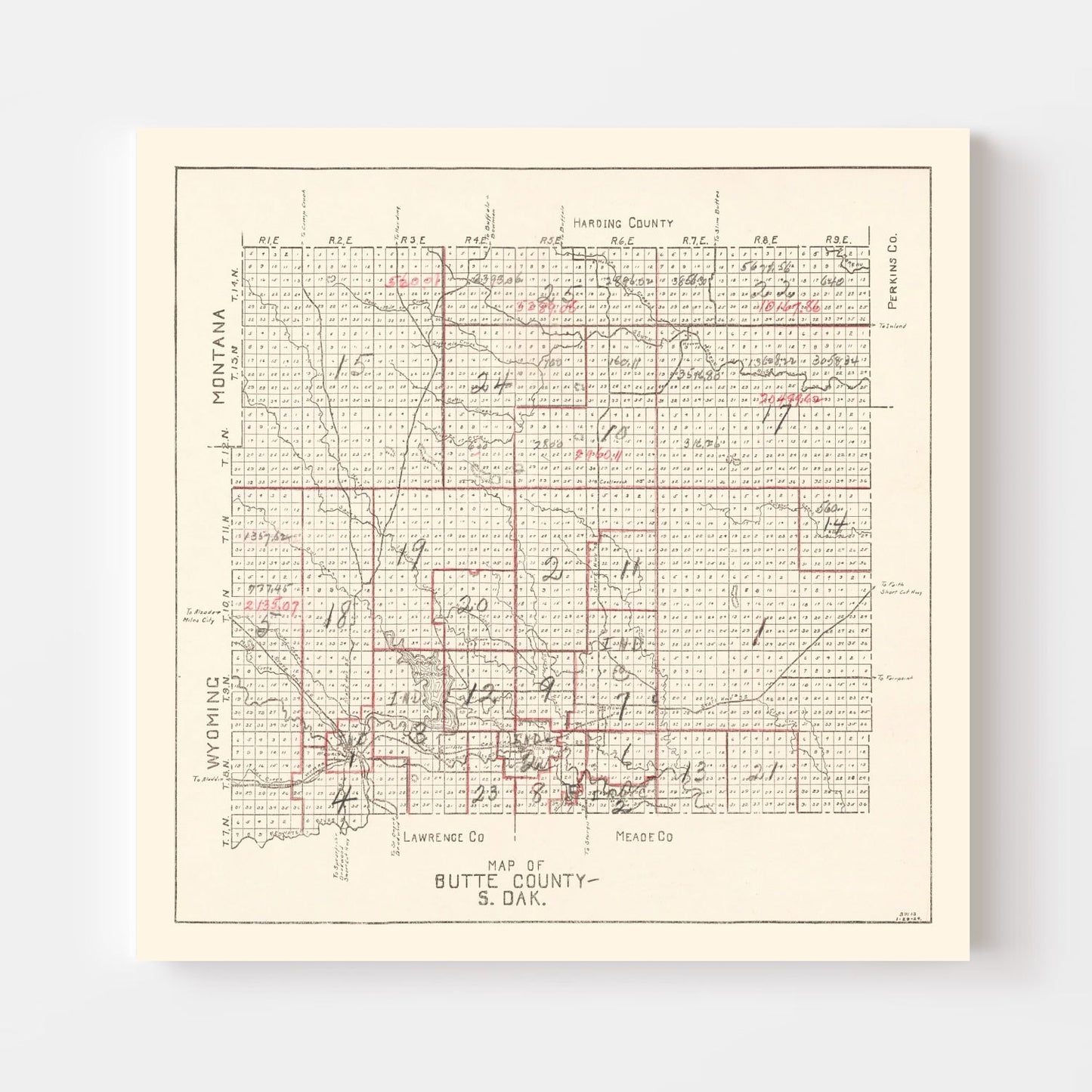Vintage Map of Butte County, South Dakota, 1936