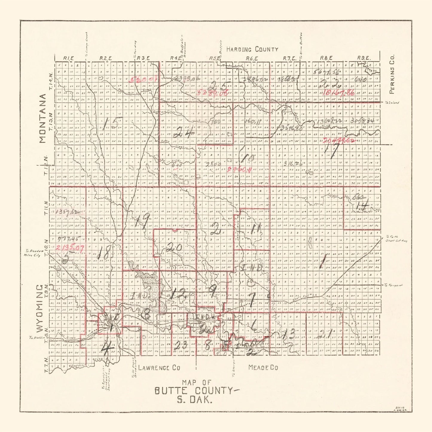 Vintage Map of Butte County, South Dakota, 1936