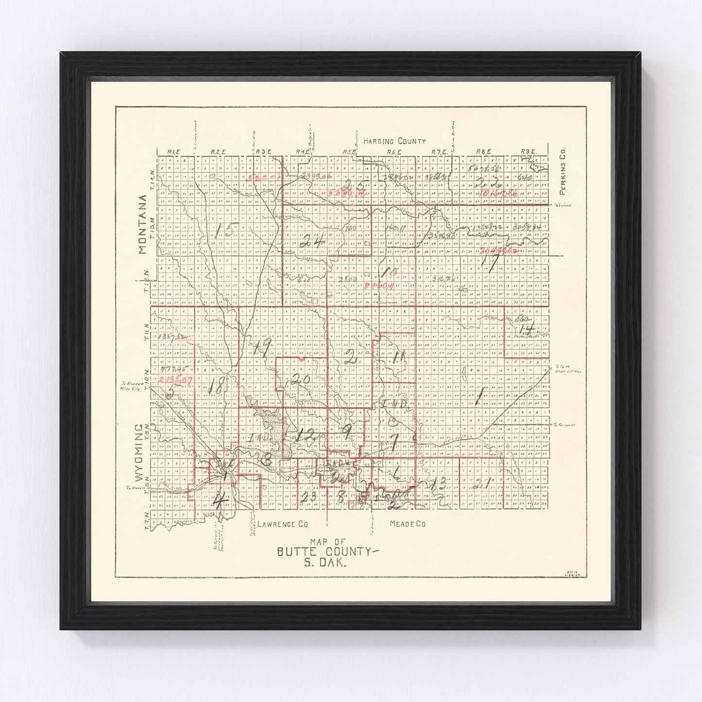 Vintage map of Butte County, South Dakota, 1936, digitally restored