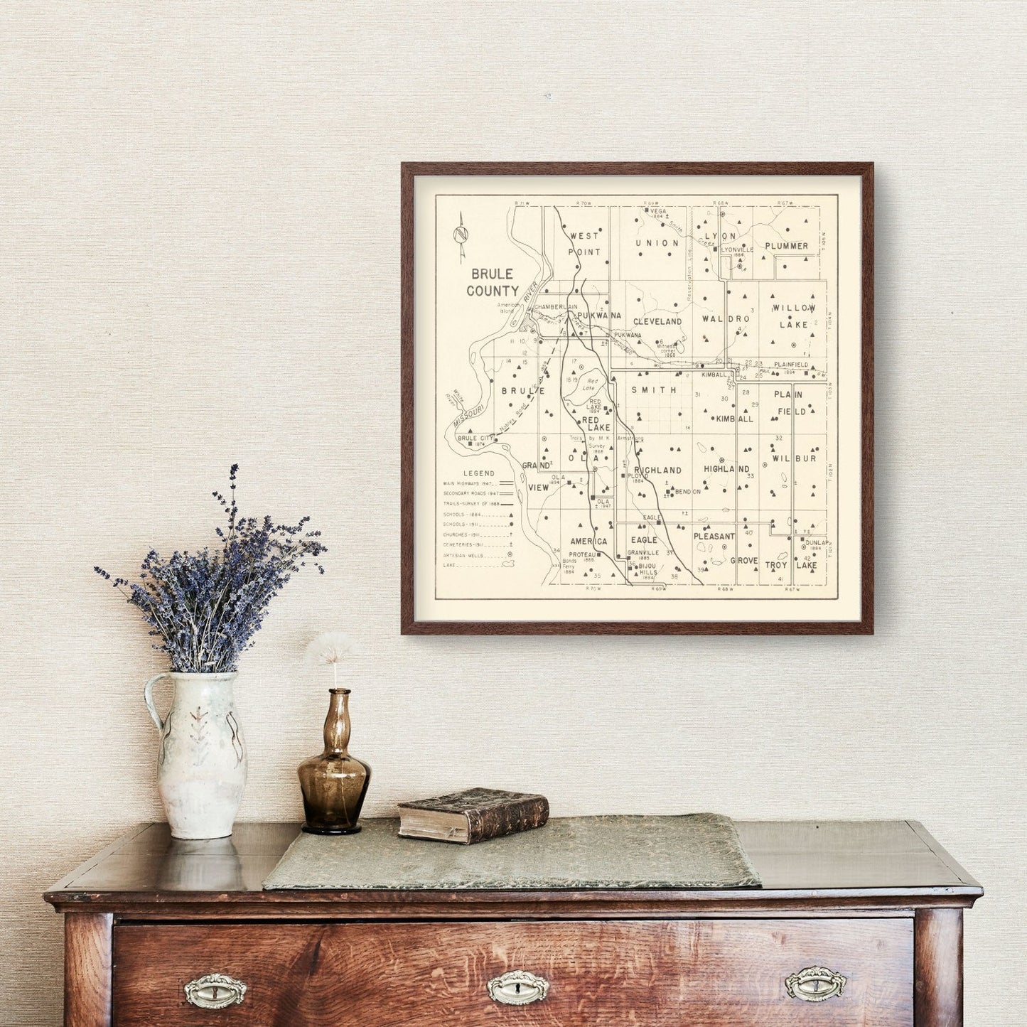 Vintage Map of Brule County, South Dakota, 1947
