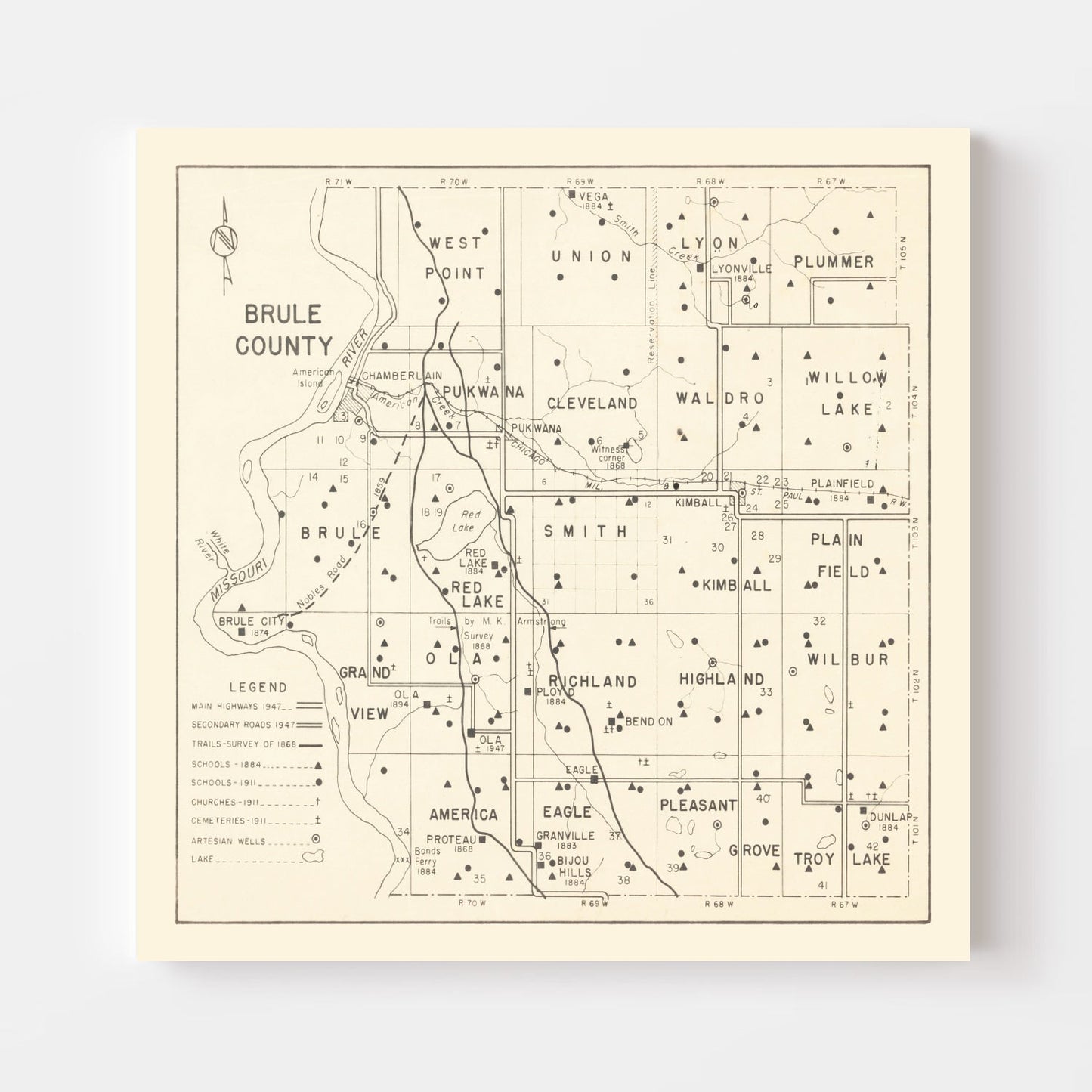 Vintage Map of Brule County, South Dakota, 1947