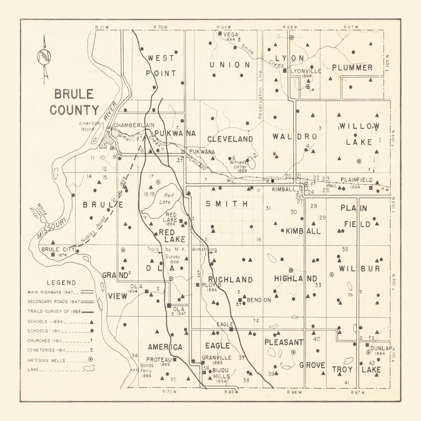 Vintage Map of Brule County, South Dakota, 1947