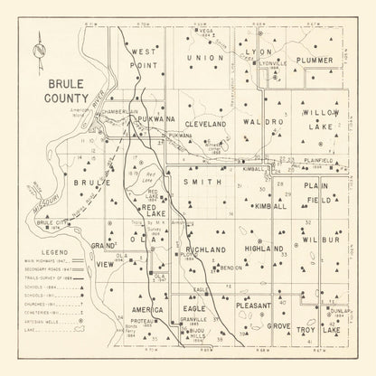 Vintage Map of Brule County, South Dakota, 1947