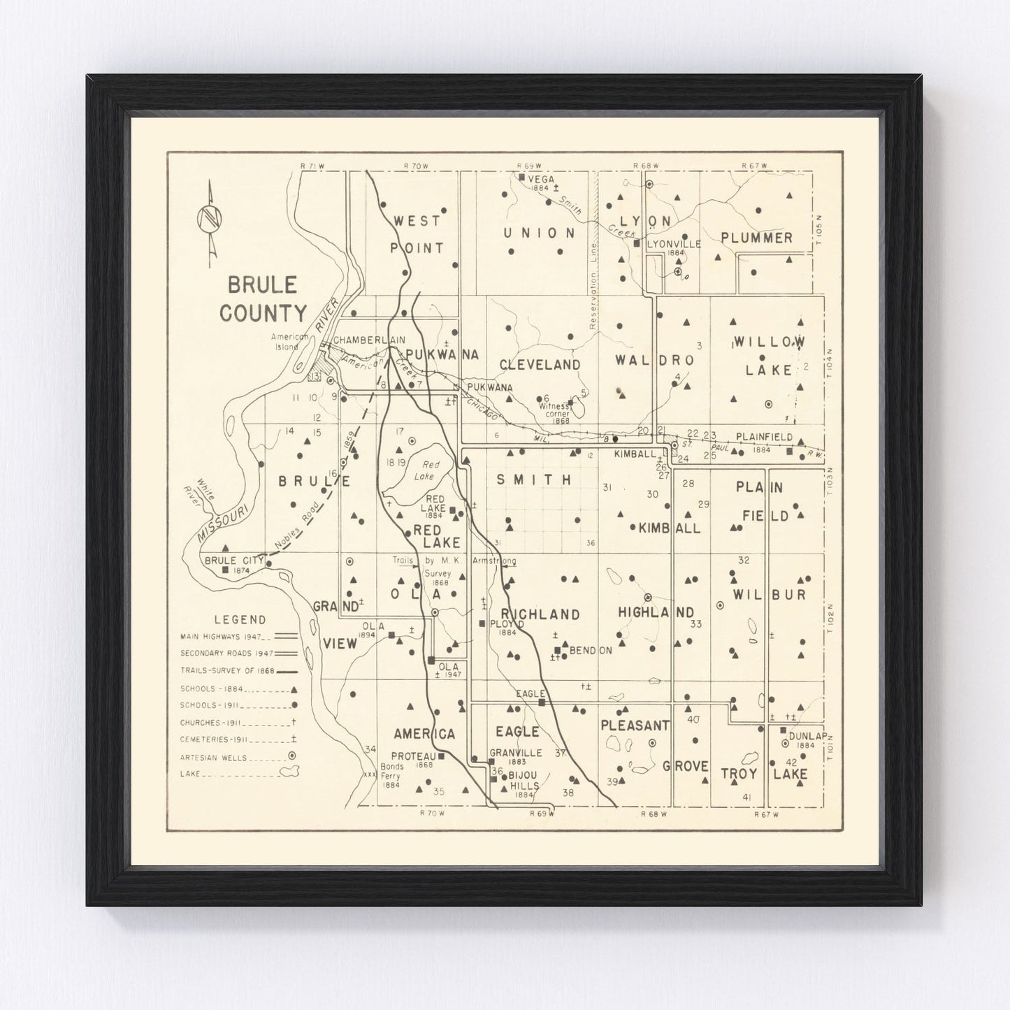 Vintage map of Brule County, South Dakota, 1947, Chamberlain area