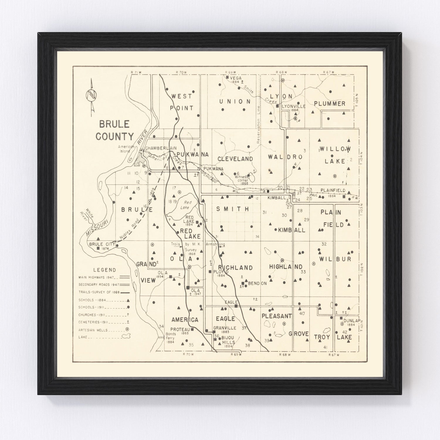Vintage map of Brule County, South Dakota, 1947, Chamberlain area