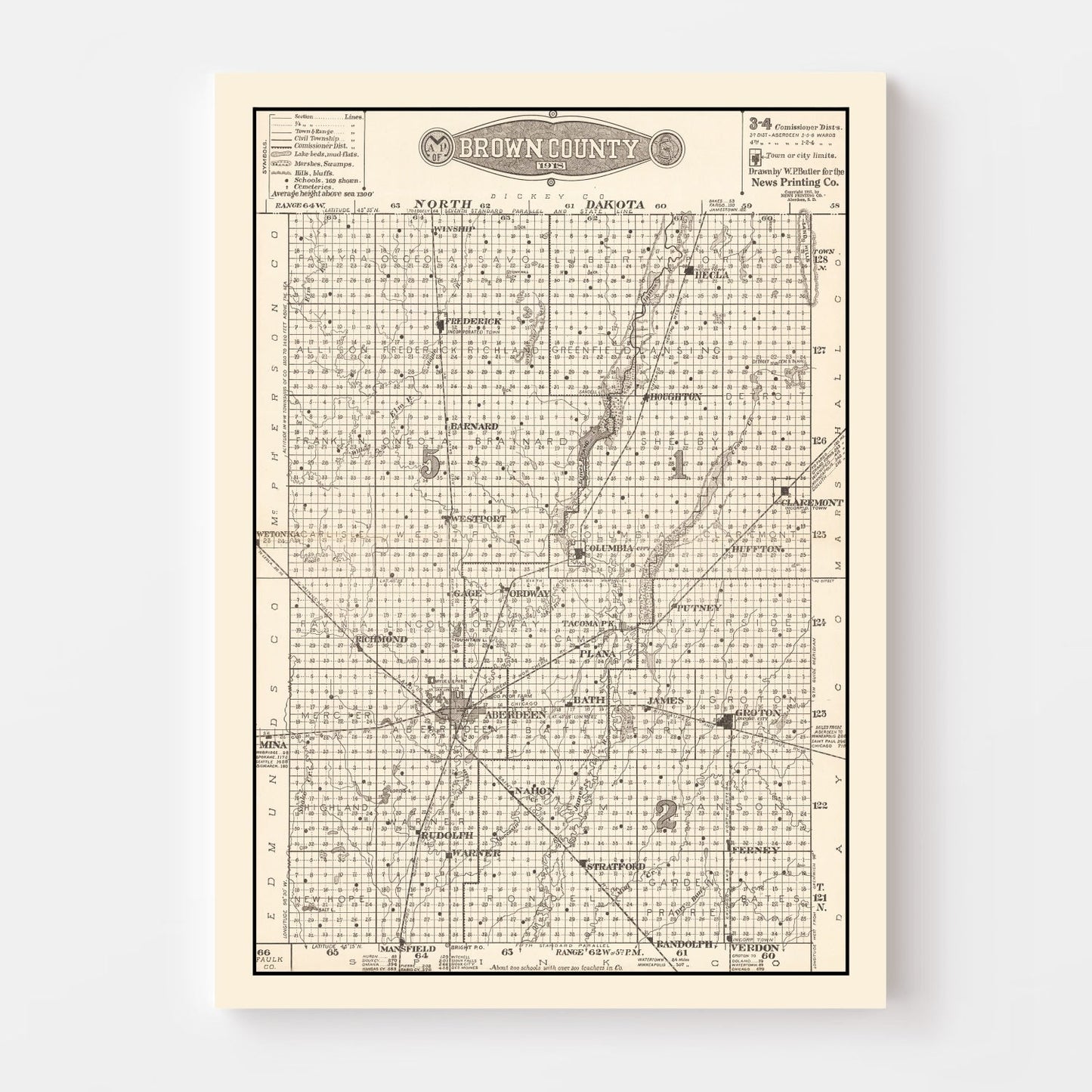 Vintage Map of Brown County, South Dakota 1918 Wall Art