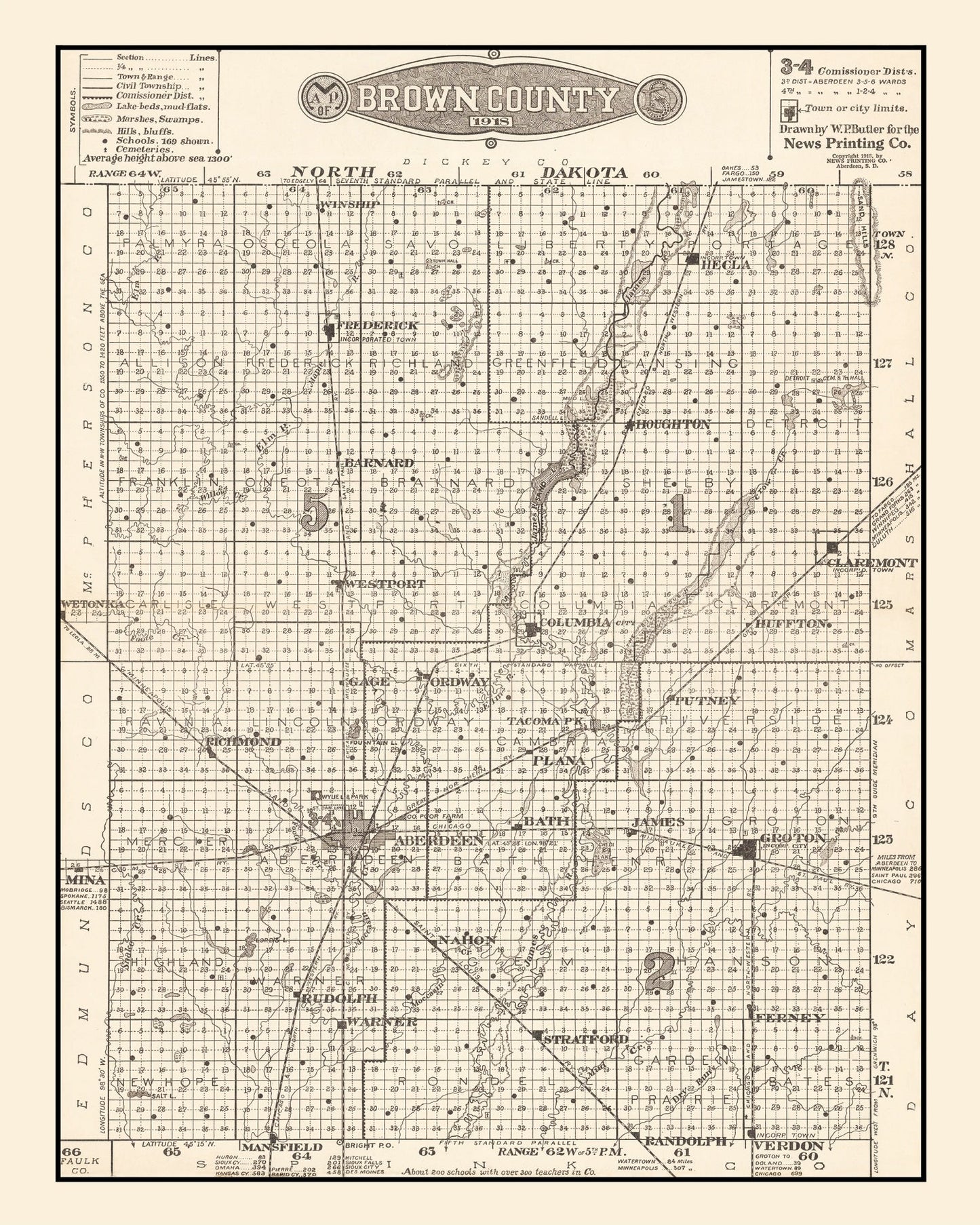 Vintage Map of Brown County, South Dakota 1918 Wall Art