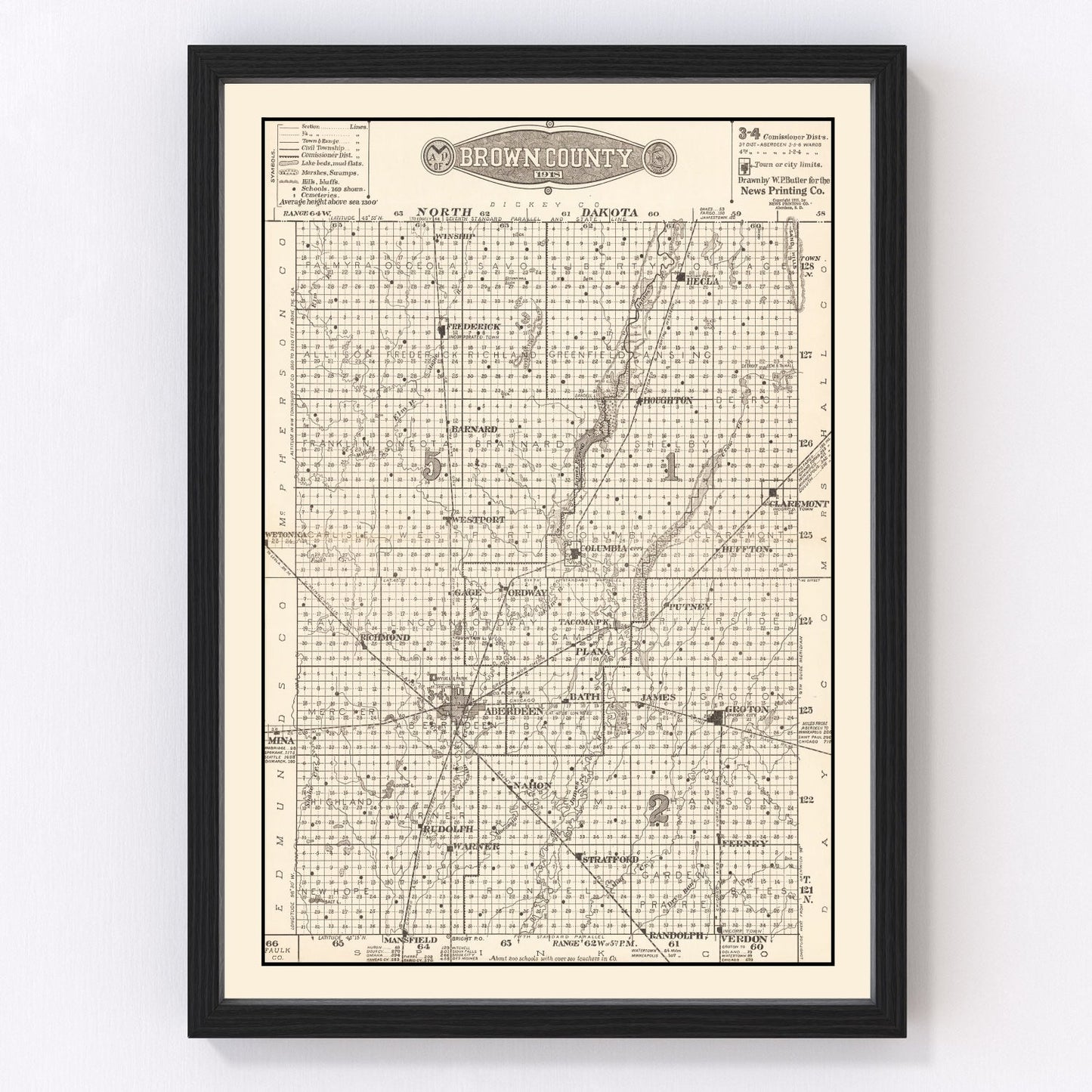 Vintage map of Brown County, South Dakota, 1918 - digitally restored cartographic print