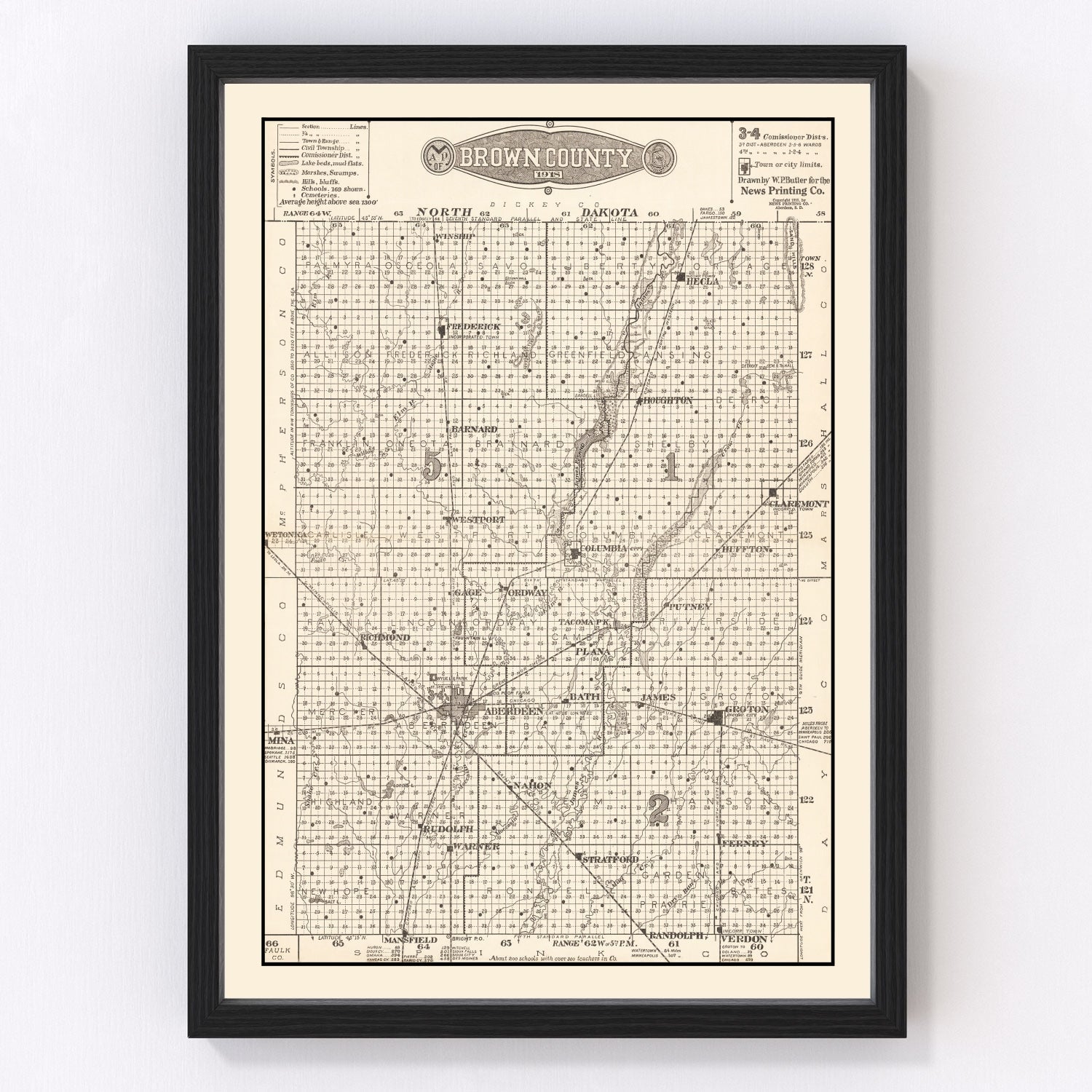 Vintage map of Brown County, South Dakota, 1918 - digitally restored cartographic print