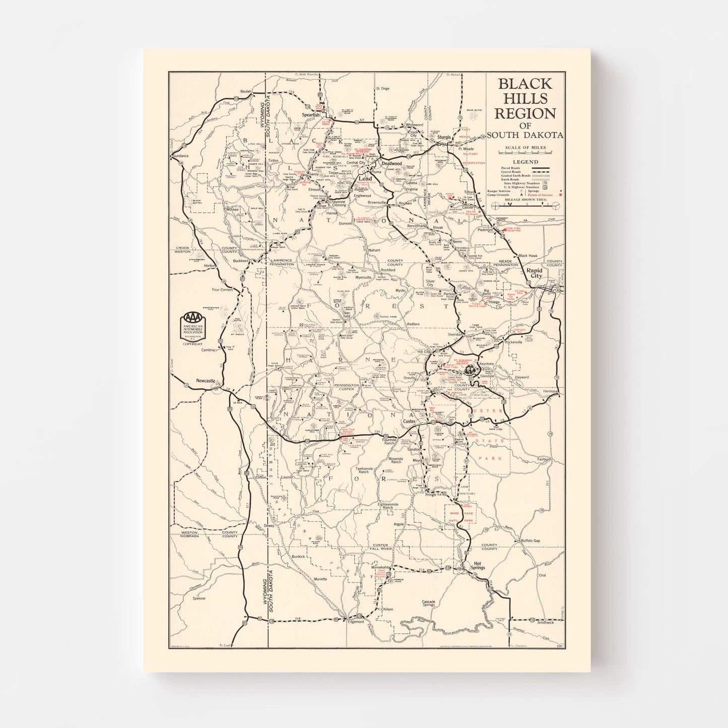 Vintage Map of the Black Hills, South Dakota, 1939