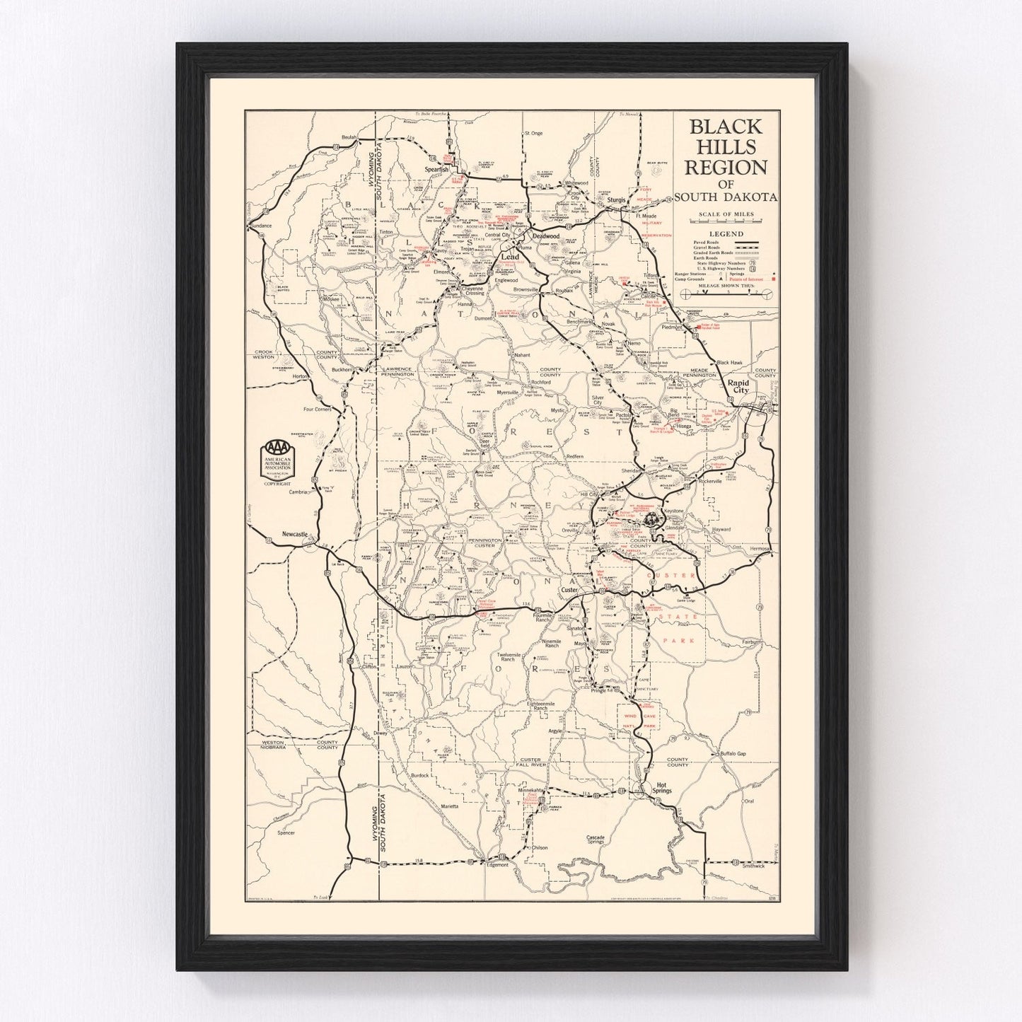 Vintage map of the Black Hills, South Dakota, 1939 - pre-WWII scenic roads and national parks