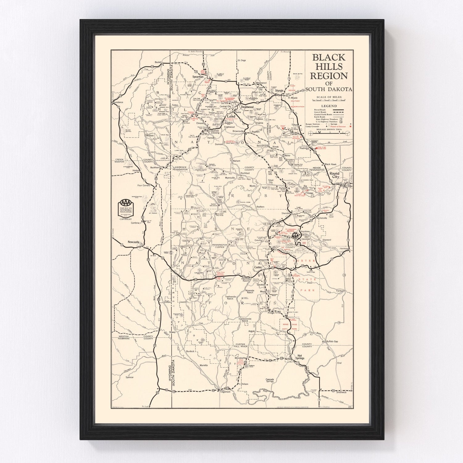 Vintage map of the Black Hills, South Dakota, 1939 - pre-WWII scenic roads and national parks