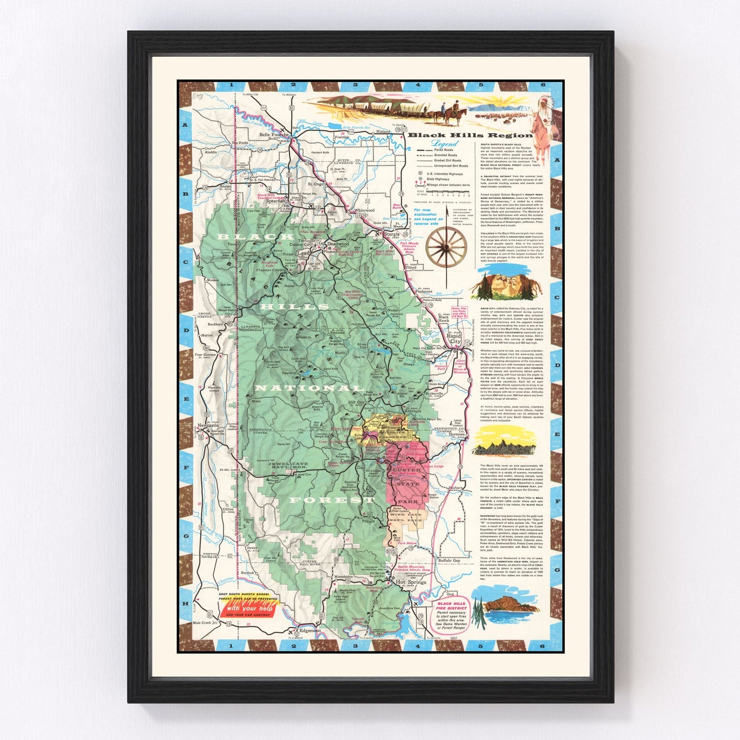 Vintage map of the Black Hills, South Dakota, 1956 - postwar tourism era cartography print