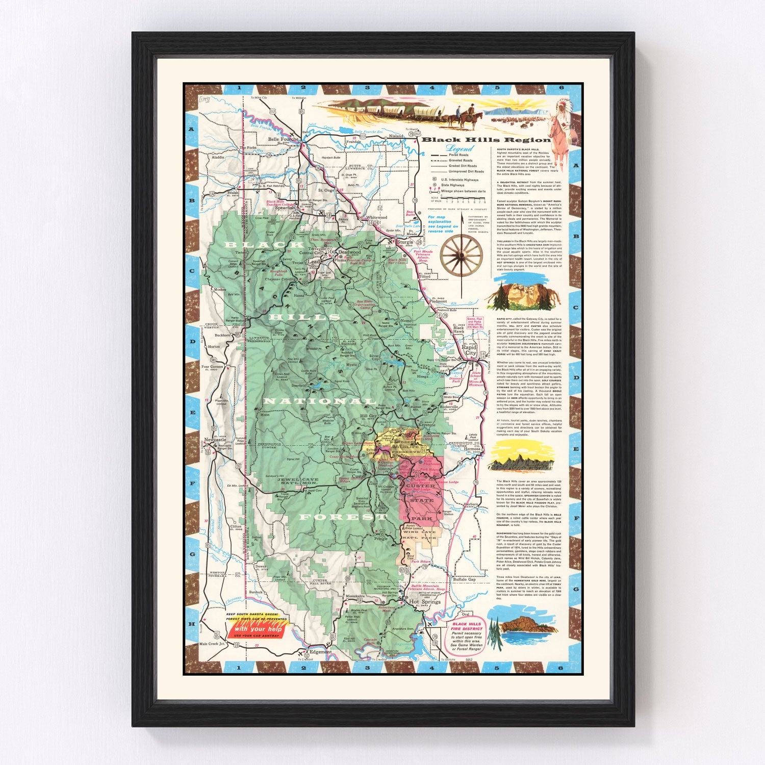 Vintage map of the Black Hills, South Dakota, 1956 - postwar tourism era cartography print