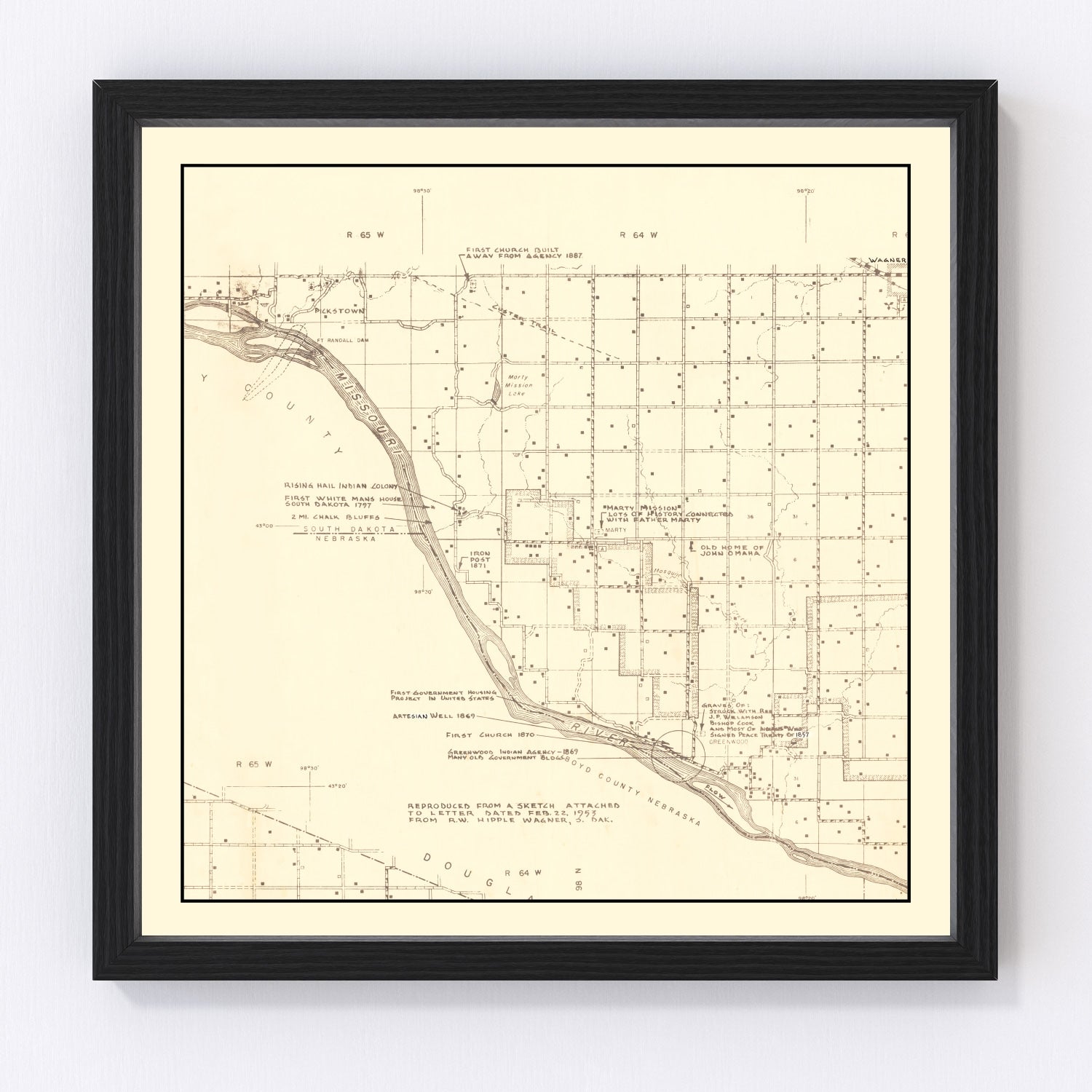 Vintage map of Charles Mix County, South Dakota, 1953, digitally restored antique cartographic print