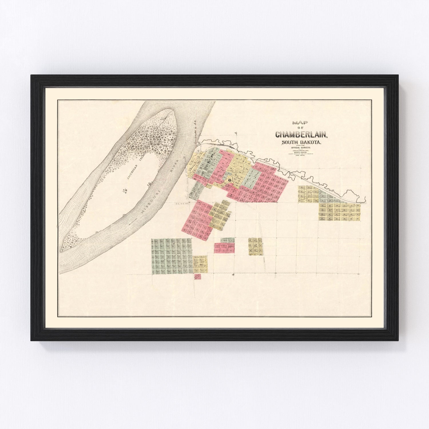Vintage map of Chamberlain, South Dakota, 1890, restored vintage wall art print
