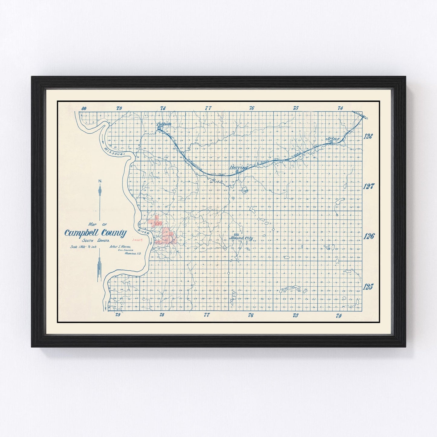Vintage map of Campbell County, South Dakota, 1947, digitally restored antique cartographic print