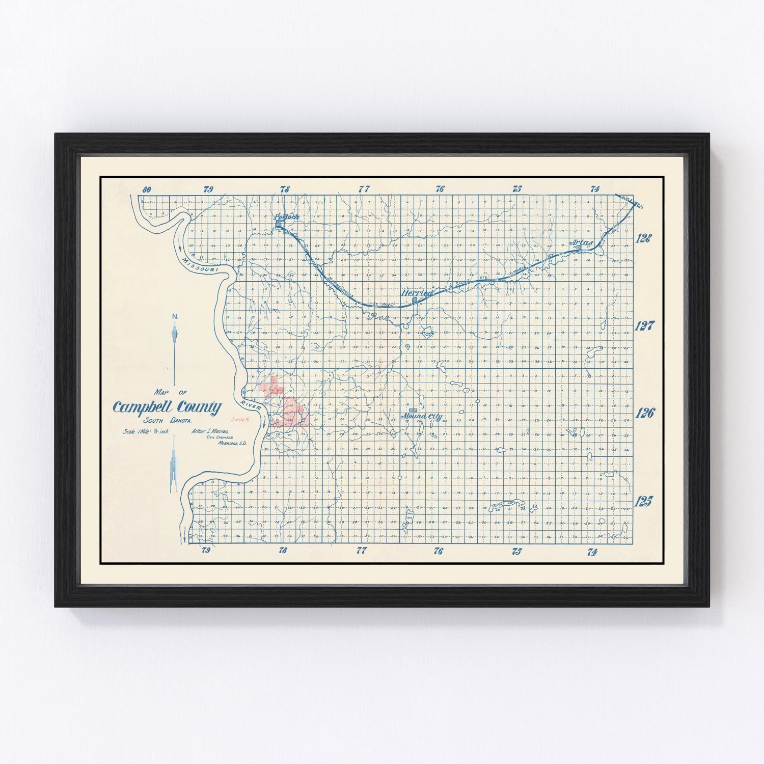 Vintage map of Campbell County, South Dakota, 1947, digitally restored antique cartographic print