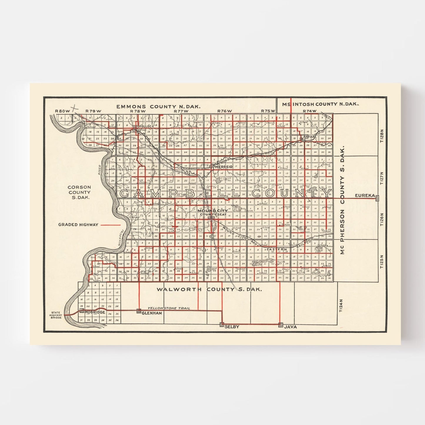 Vintage Map of Campbell County, South Dakota, 1900