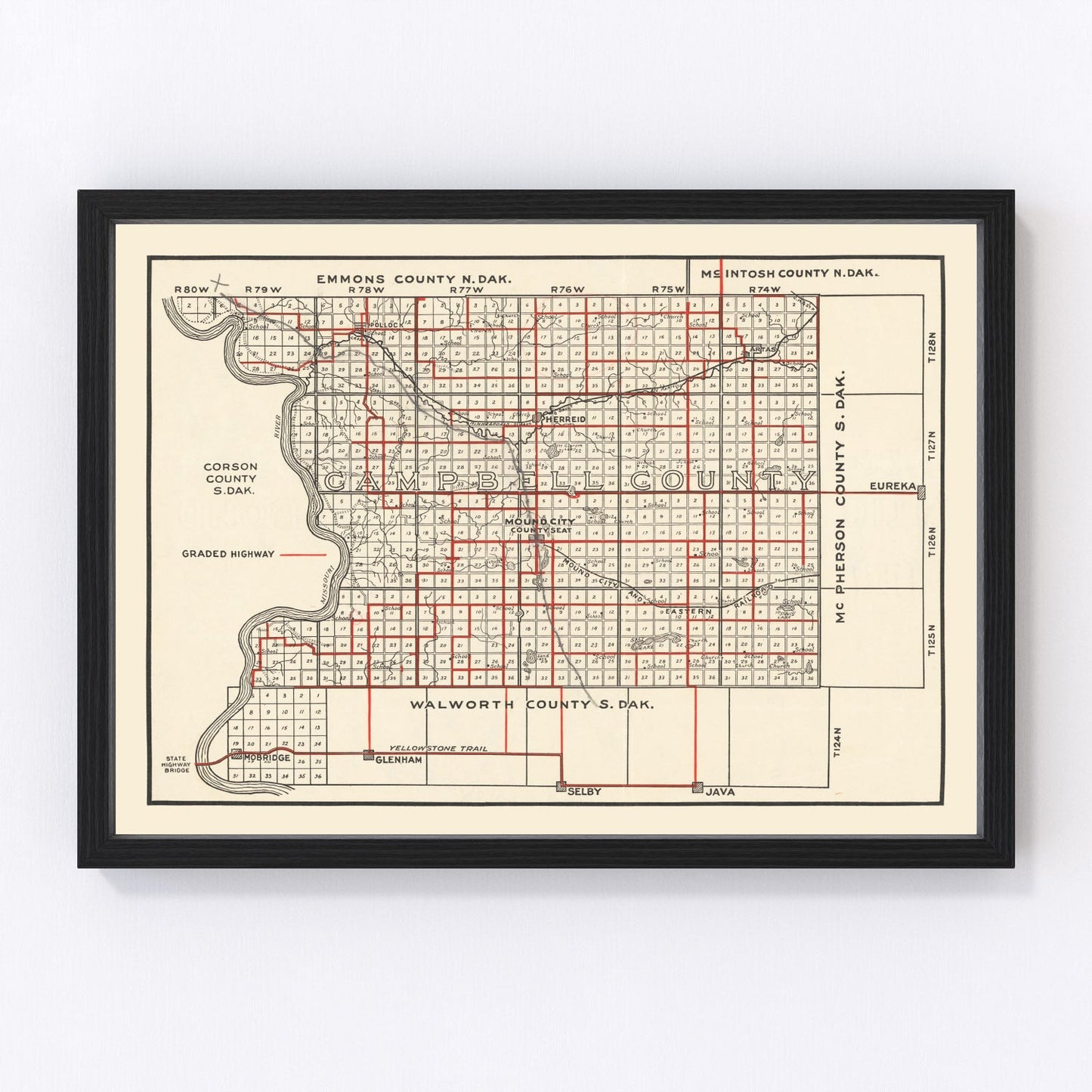 Vintage map of Campbell County, South Dakota, 1900, digitally restored antique cartographic print