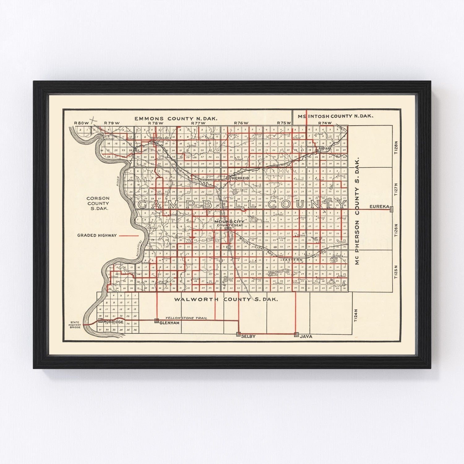 Vintage map of Campbell County, South Dakota, 1900, digitally restored antique cartographic print
