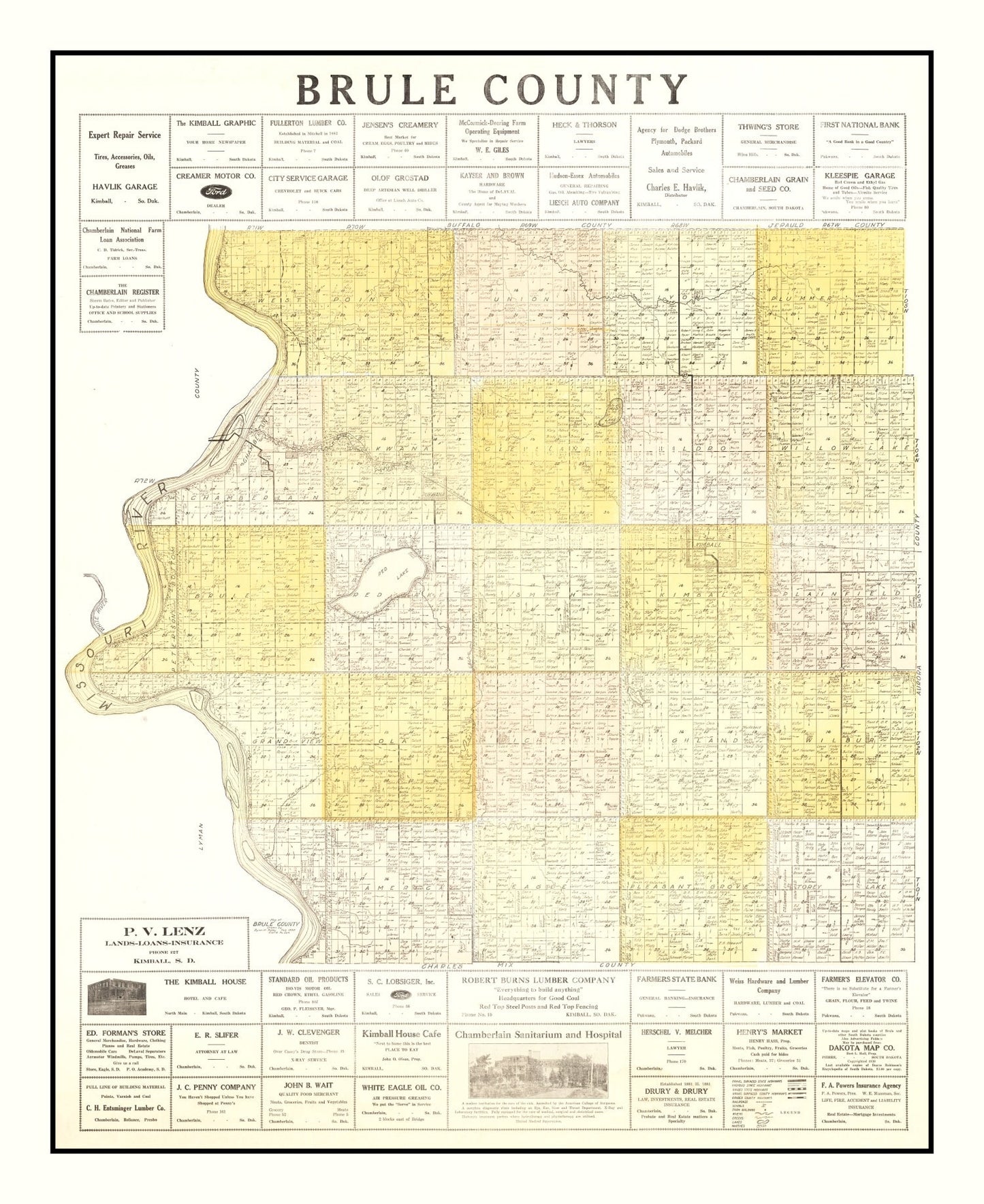 Vintage Map of Brule County, South Dakota, 1930