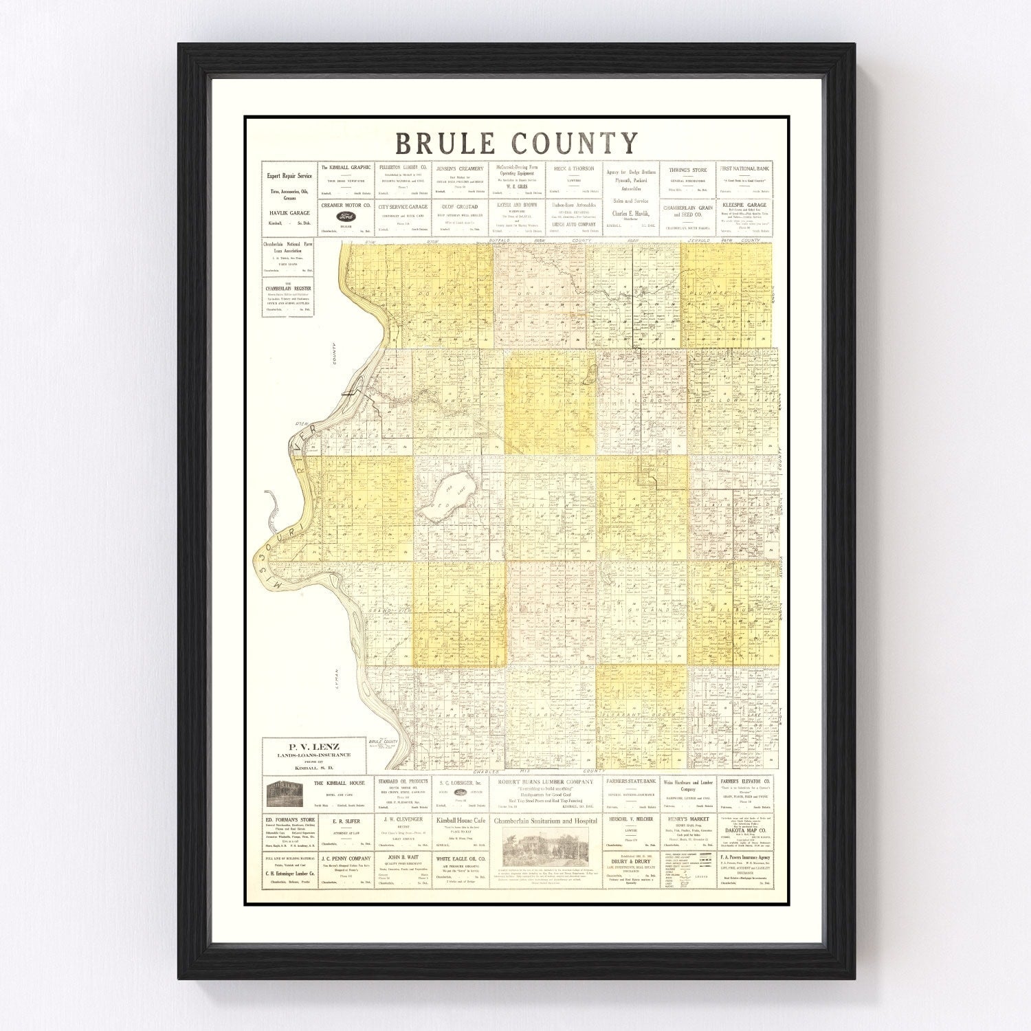 Vintage map of Brule County, South Dakota, 1930, Missouri River valley