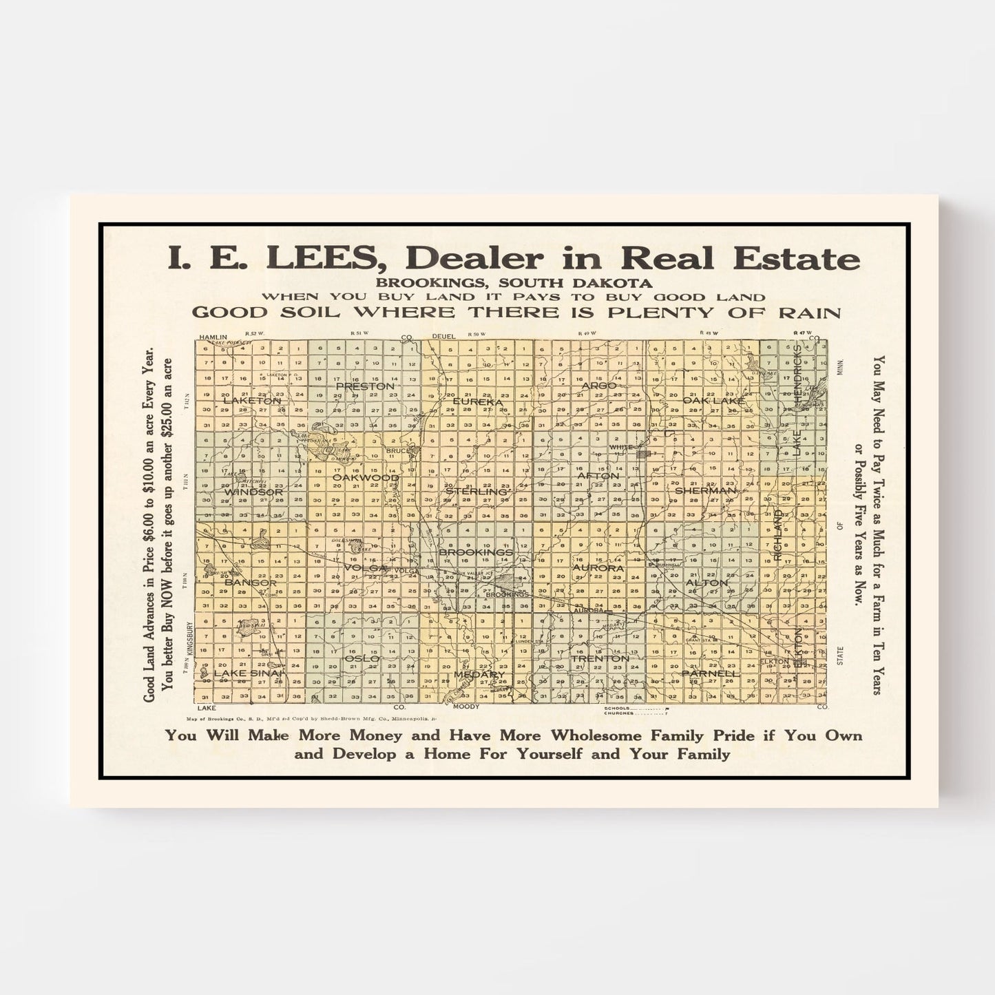 Vintage Map of Brookings County, South Dakota 1917