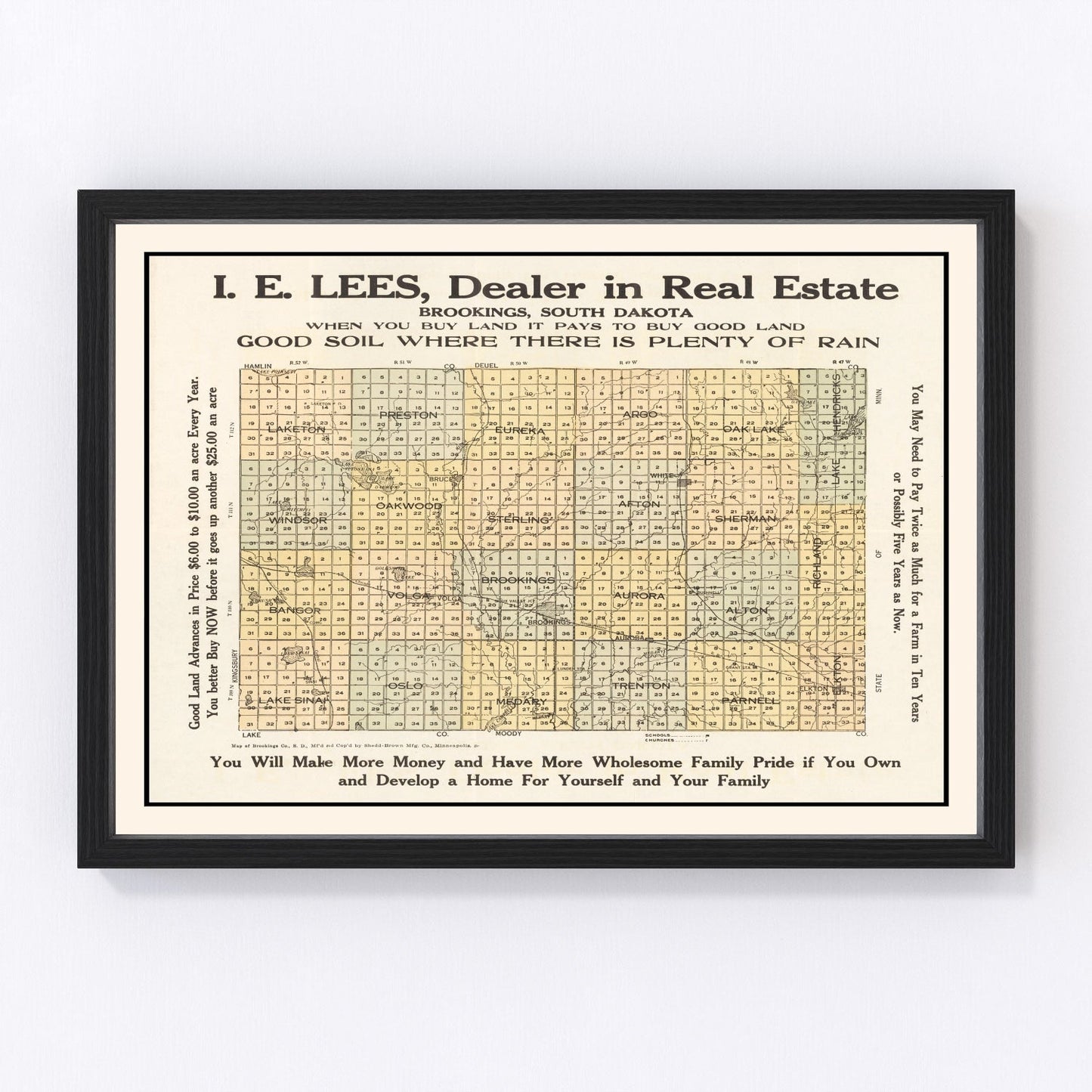 vintage map of Brookings County South Dakota 1917, restored print wall art