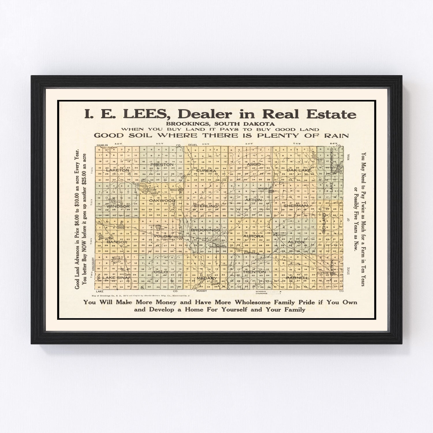 vintage map of Brookings County South Dakota 1917, restored print wall art