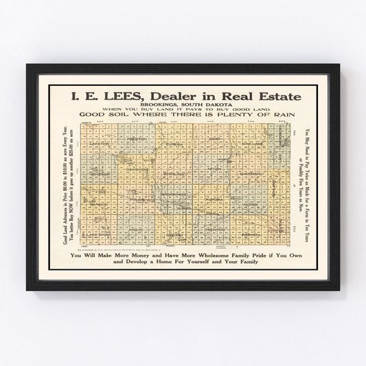 vintage map of Brookings County South Dakota 1917, restored print wall art