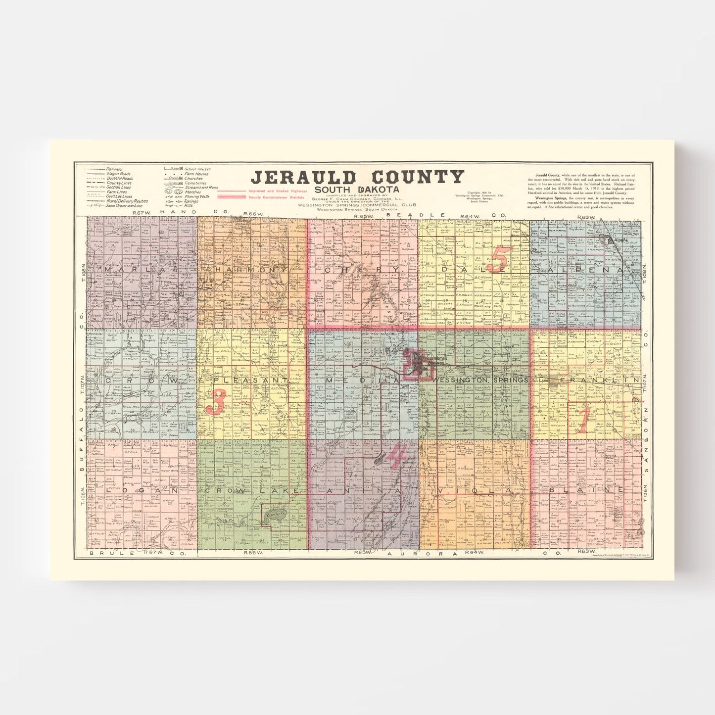Vintage Map of Jerauld County, South Dakota, 1919