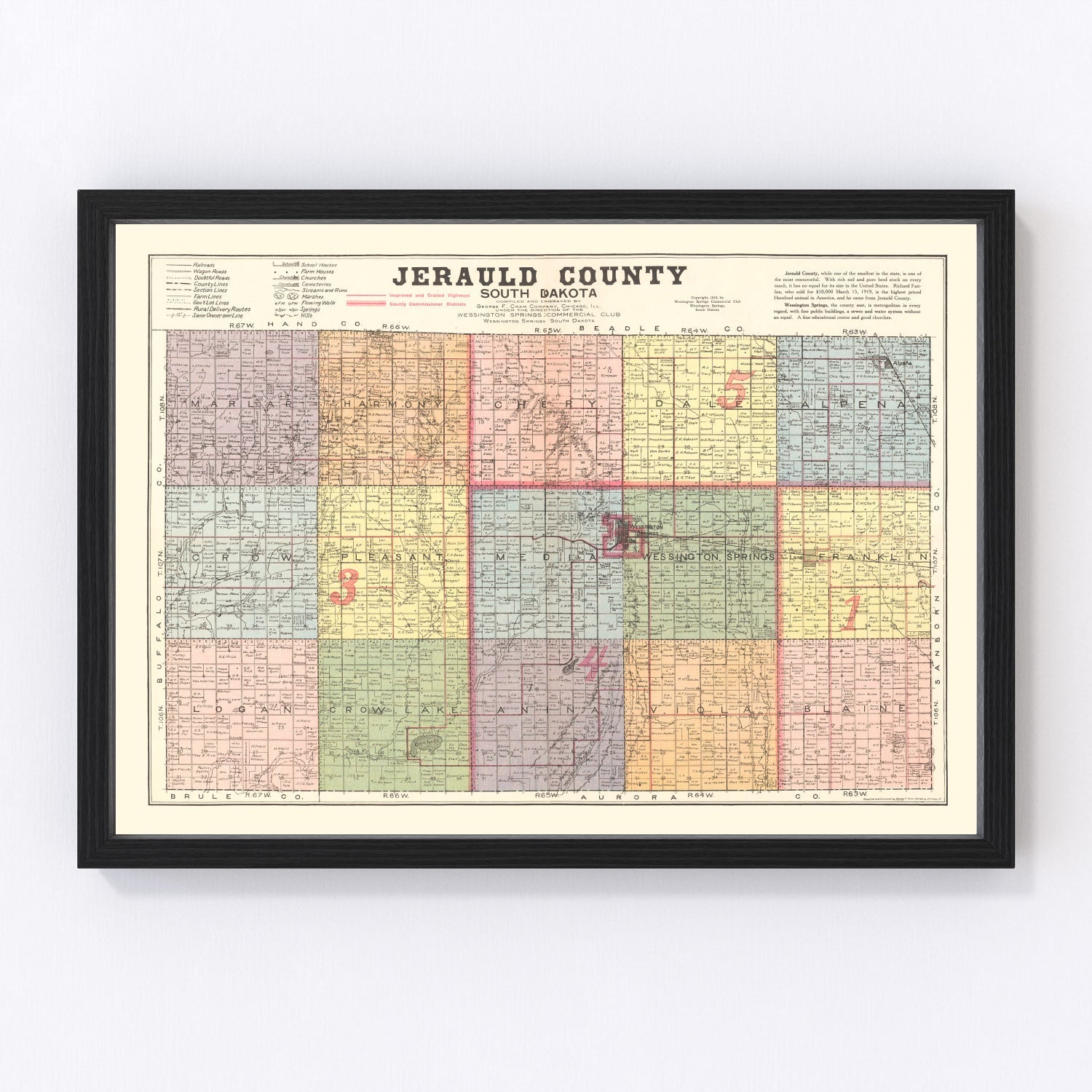 Vintage map of Jerauld County, South Dakota, 1919