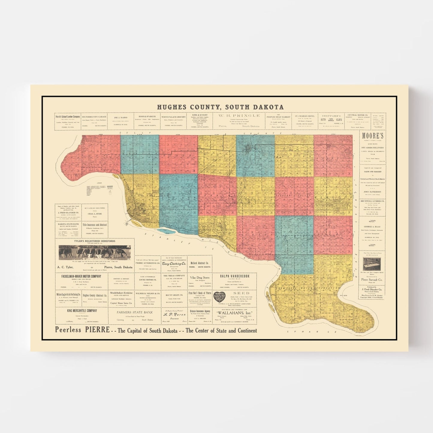 Vintage Map of Hughes County, South Dakota, 1929