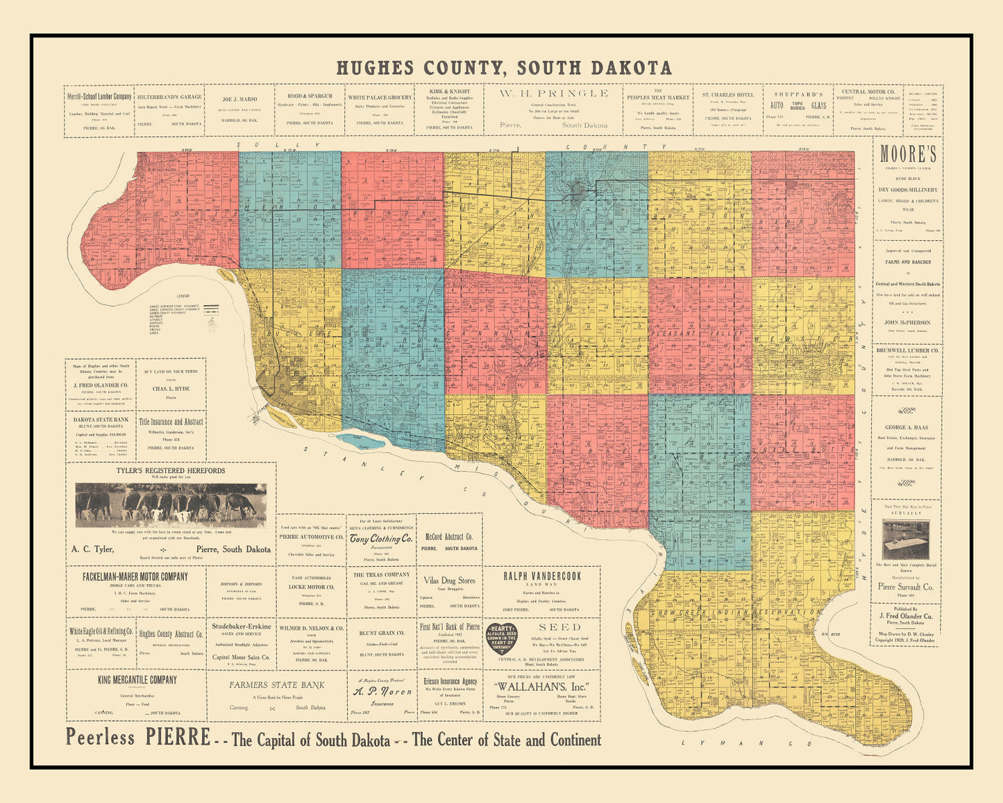 Vintage Map of Hughes County, South Dakota, 1929