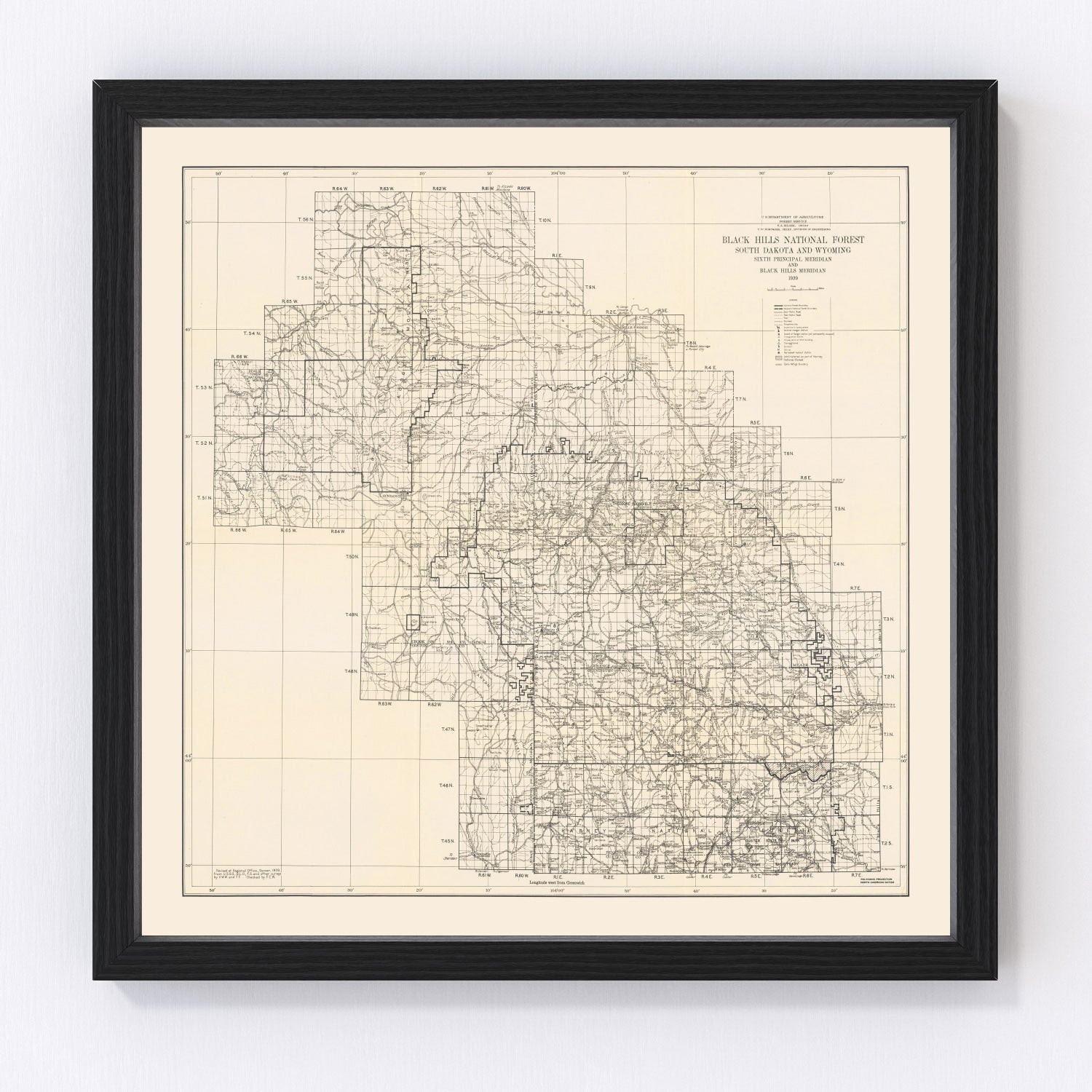 Vintage map of Harney National Forest, South Dakota, 1939