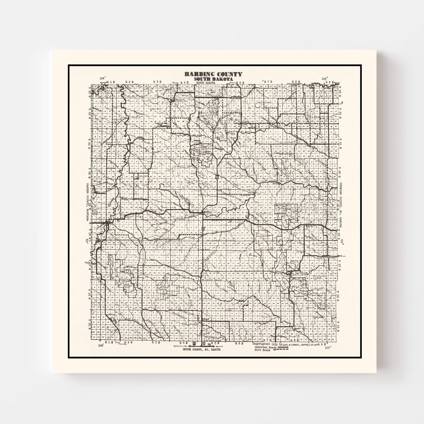 Vintage Map of Harding County, South Dakota, 1952