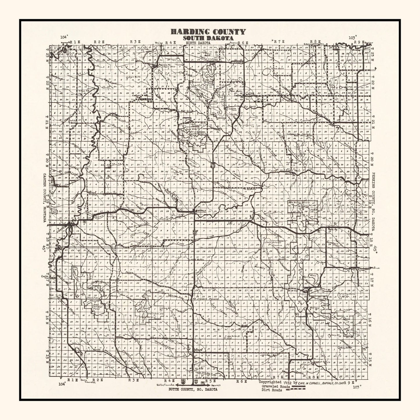 Vintage Map of Harding County, South Dakota, 1952