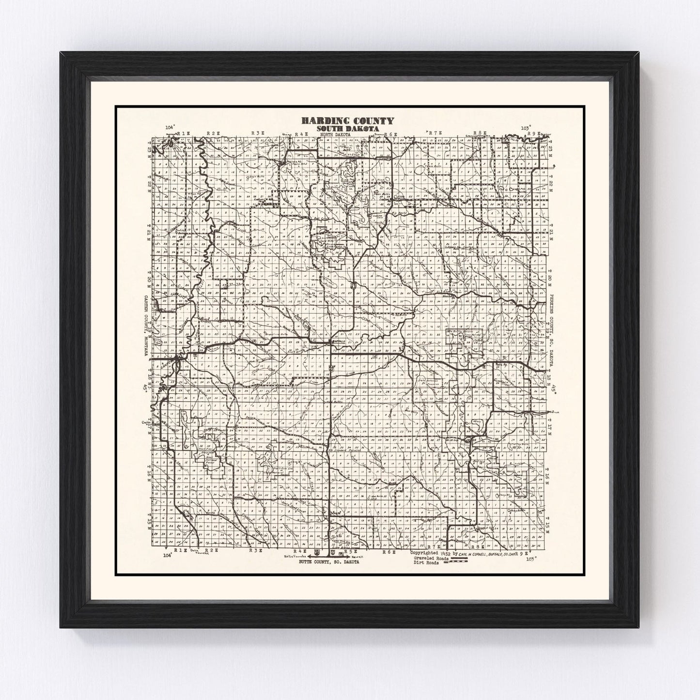 Vintage map of Harding County, South Dakota, 1952