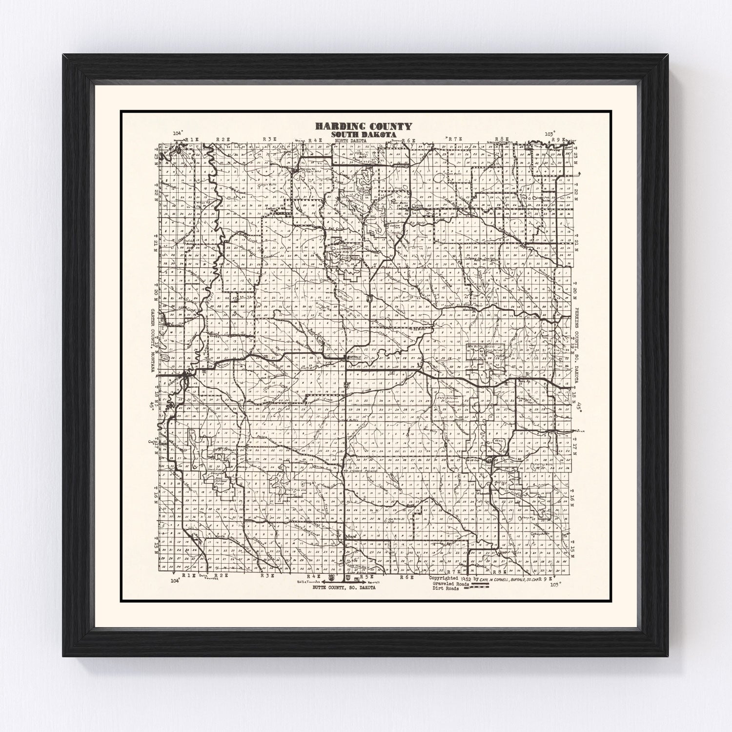 Vintage map of Harding County, South Dakota, 1952