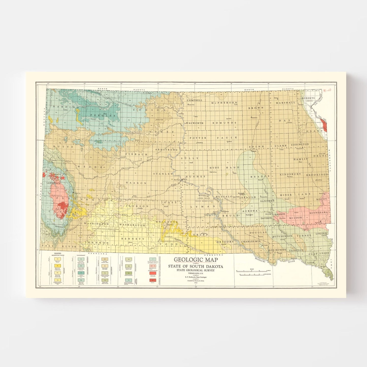 Vintage Map of South Dakota, 1932
