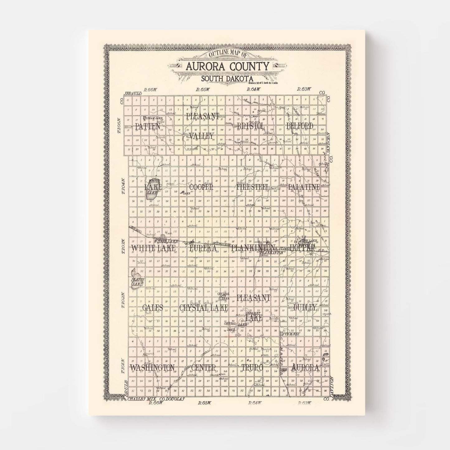 Vintage Map of Aurora County, South Dakota, 1911