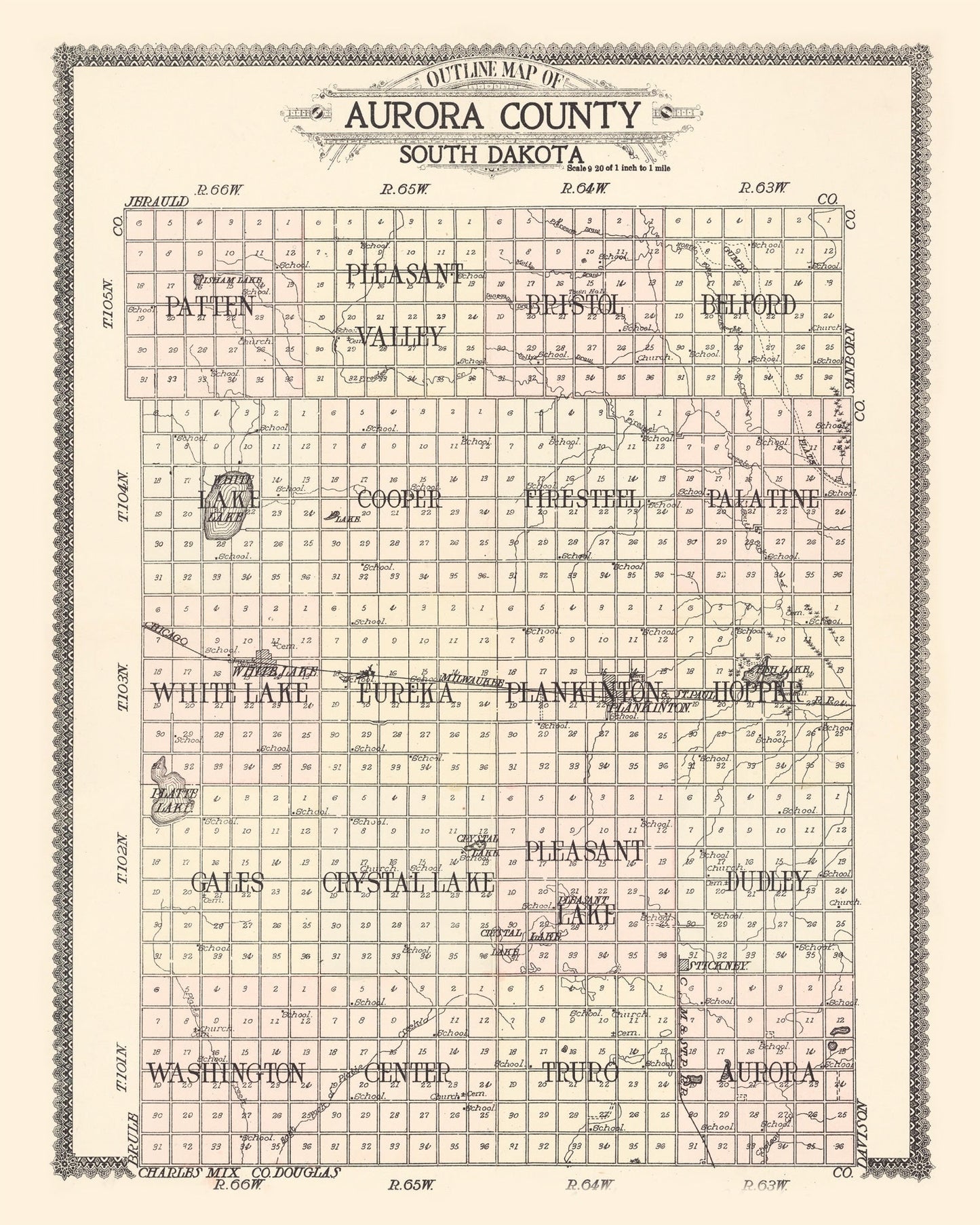 Vintage Map of Aurora County, South Dakota, 1911