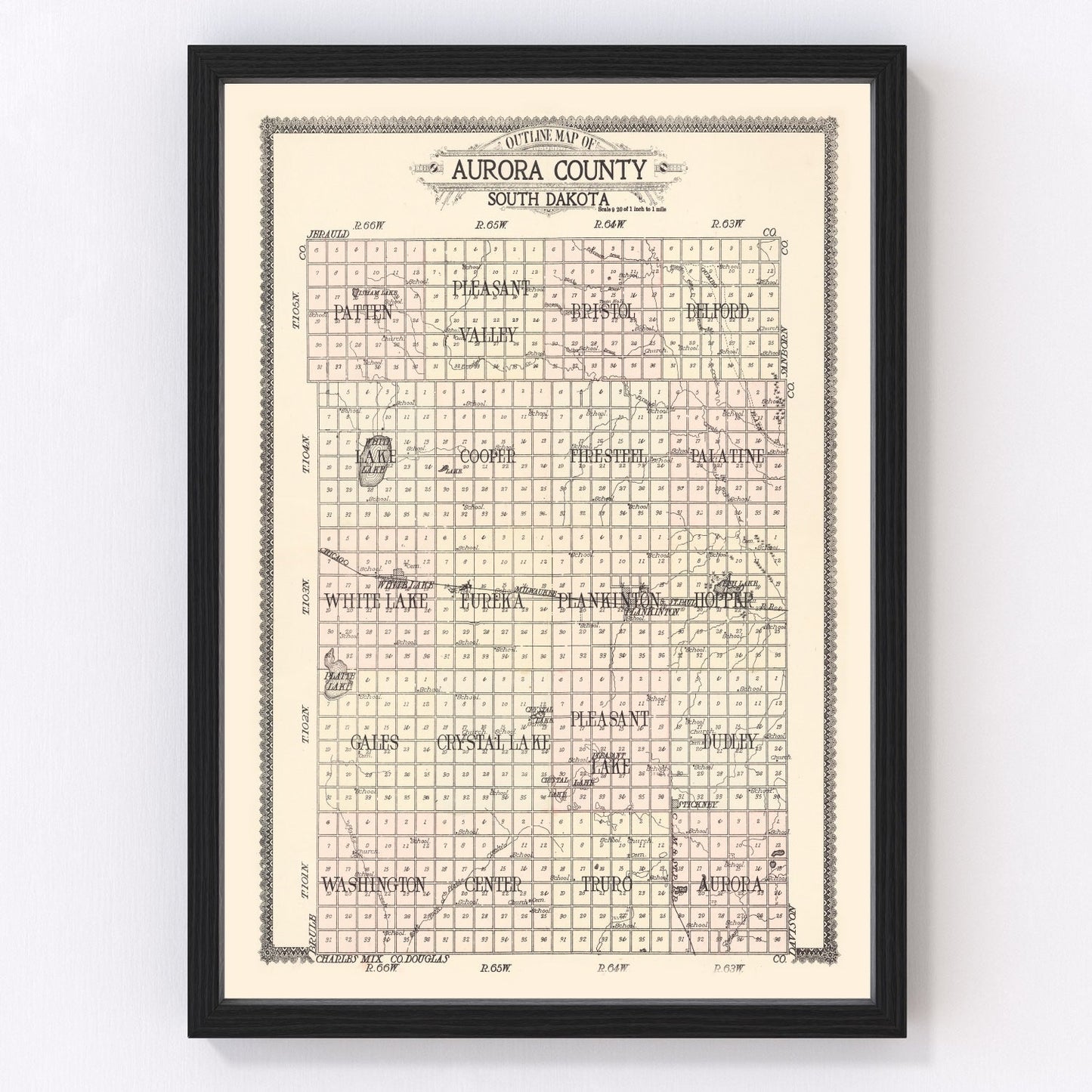 Vintage plat map of Aurora County, South Dakota townships, 1911