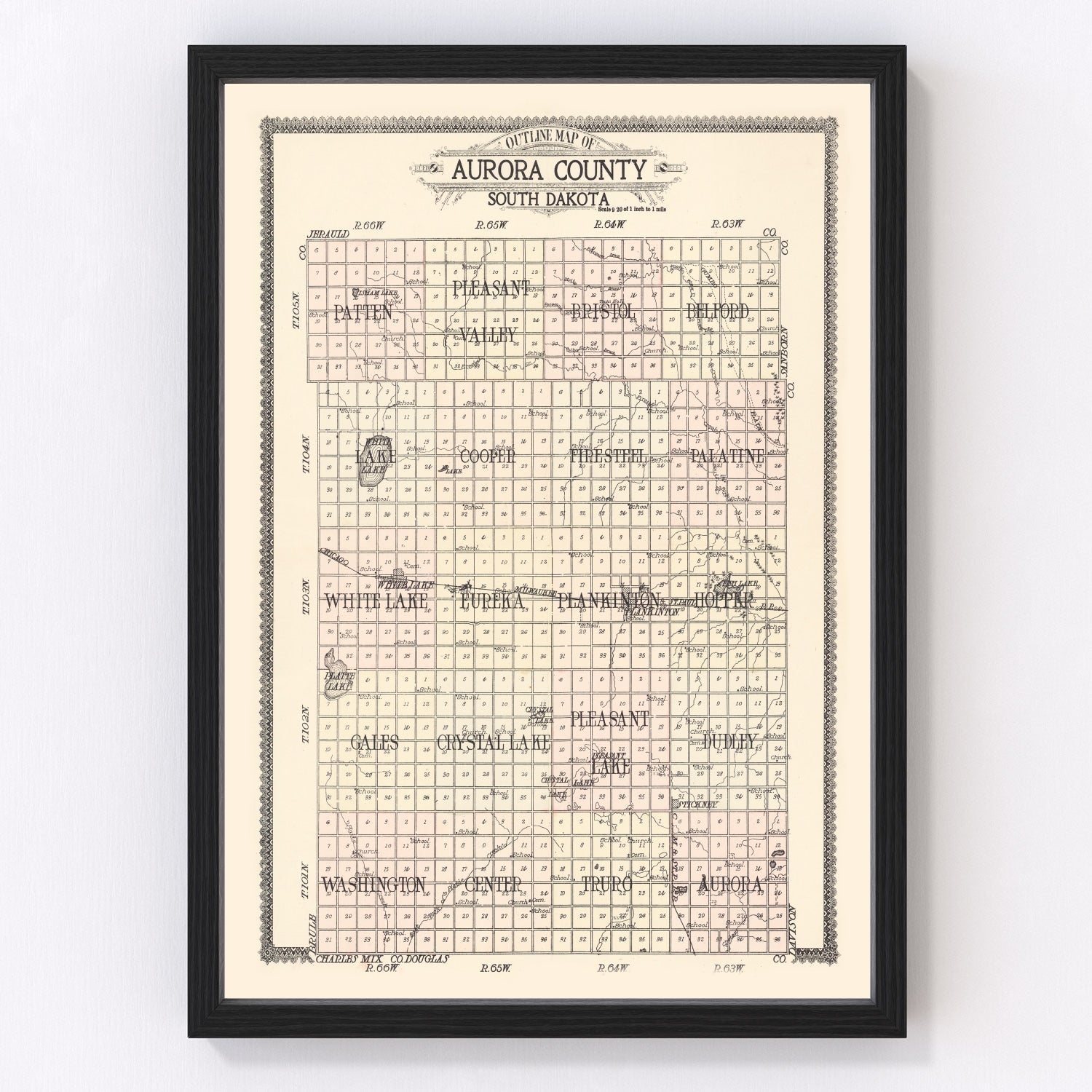 Vintage plat map of Aurora County, South Dakota townships, 1911