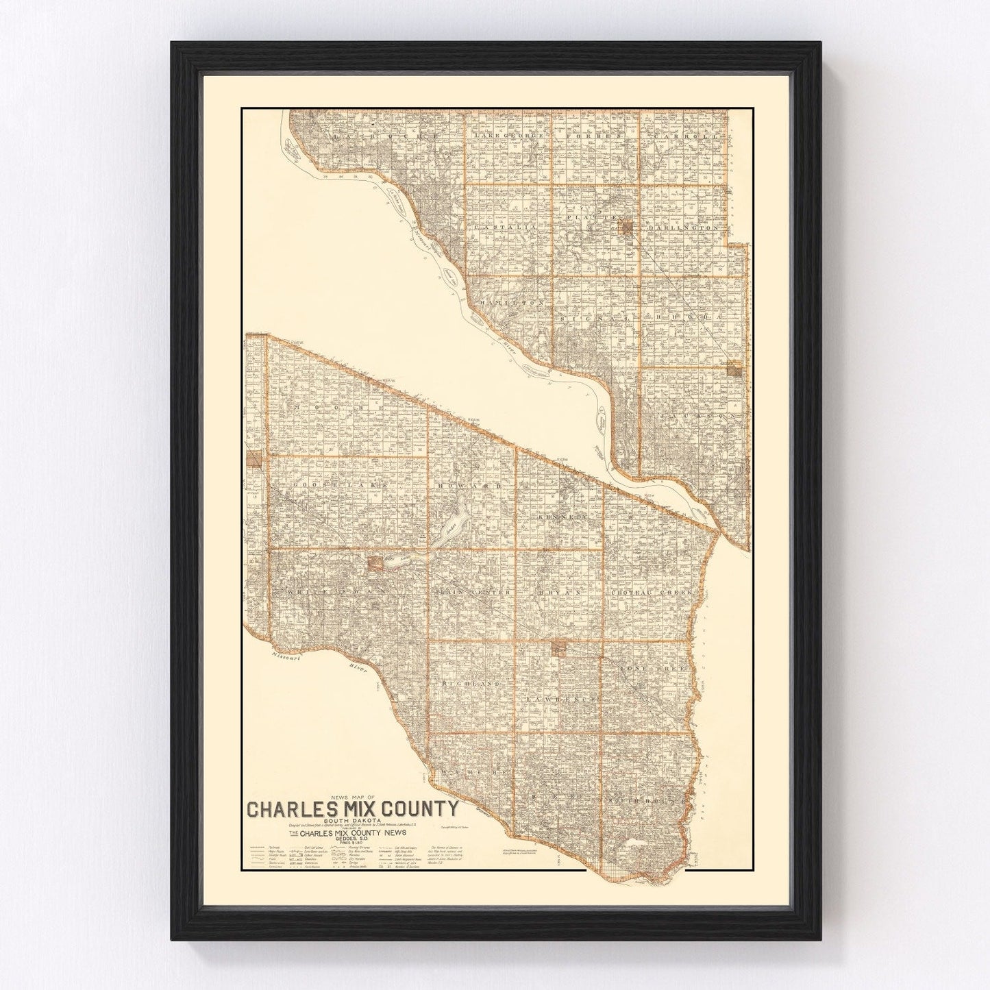 Vintage map of Charles Mix County, South Dakota, 1909, digitally restored antique cartographic print