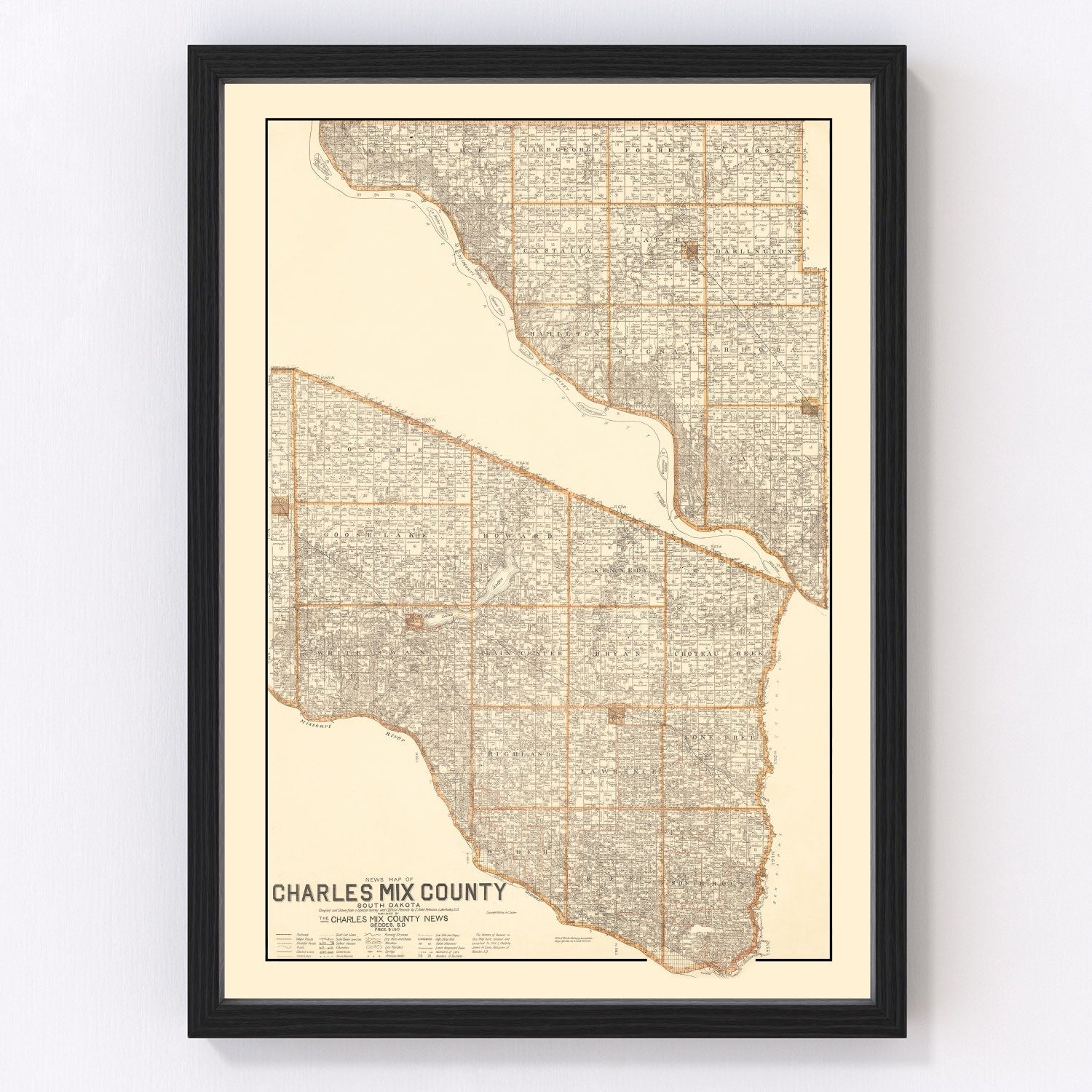 Vintage map of Charles Mix County, South Dakota, 1909, digitally restored antique cartographic print