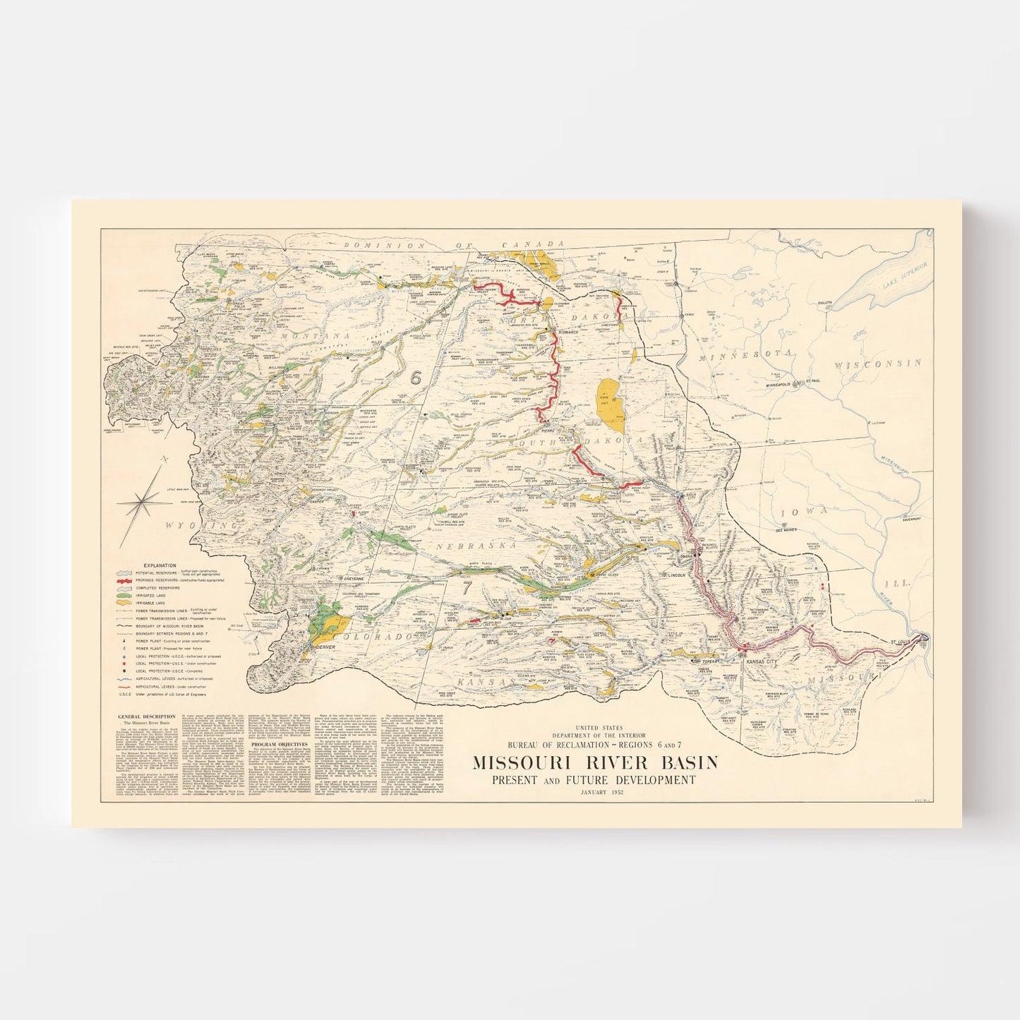 Vintage Missouri River Basin Map, 1952