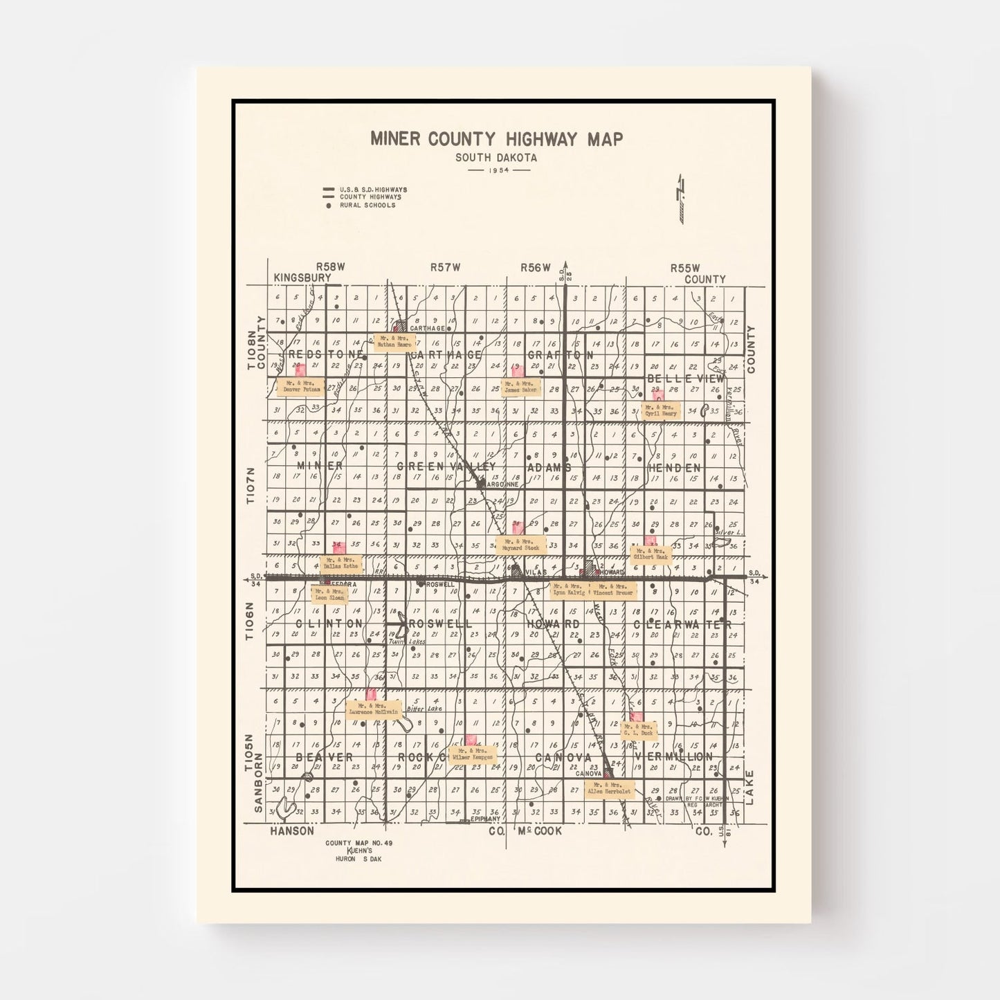 Vintage Map of Miner County, South Dakota, 1954