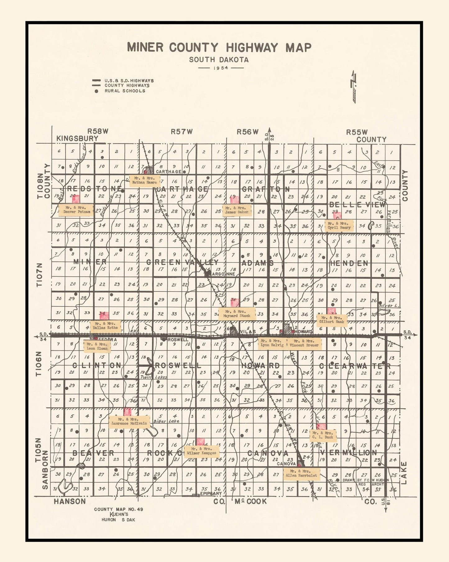 Vintage Map of Miner County, South Dakota, 1954